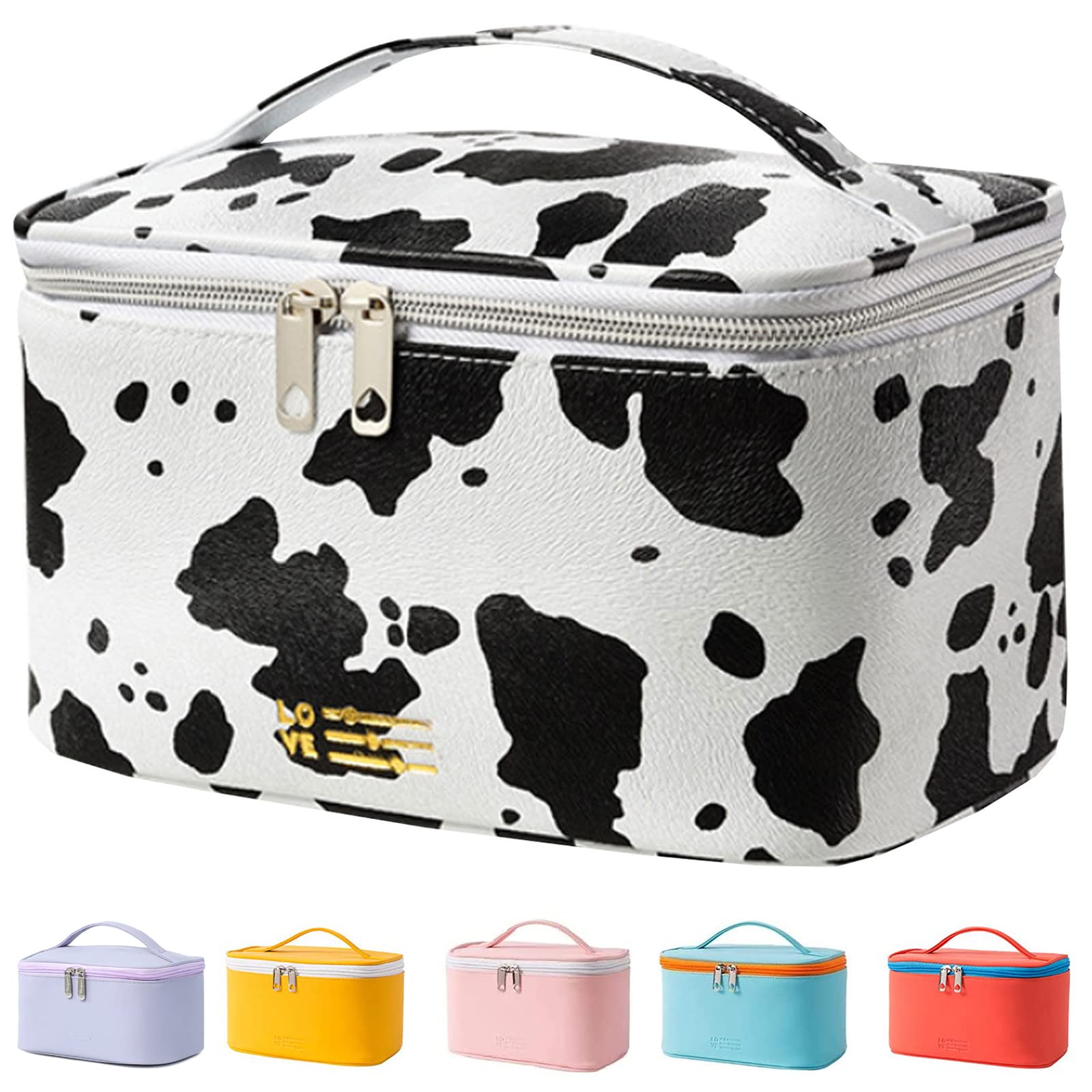 KITENROM bolso maquillaje portátil con asa, estampado vaca, ideal para viaje.