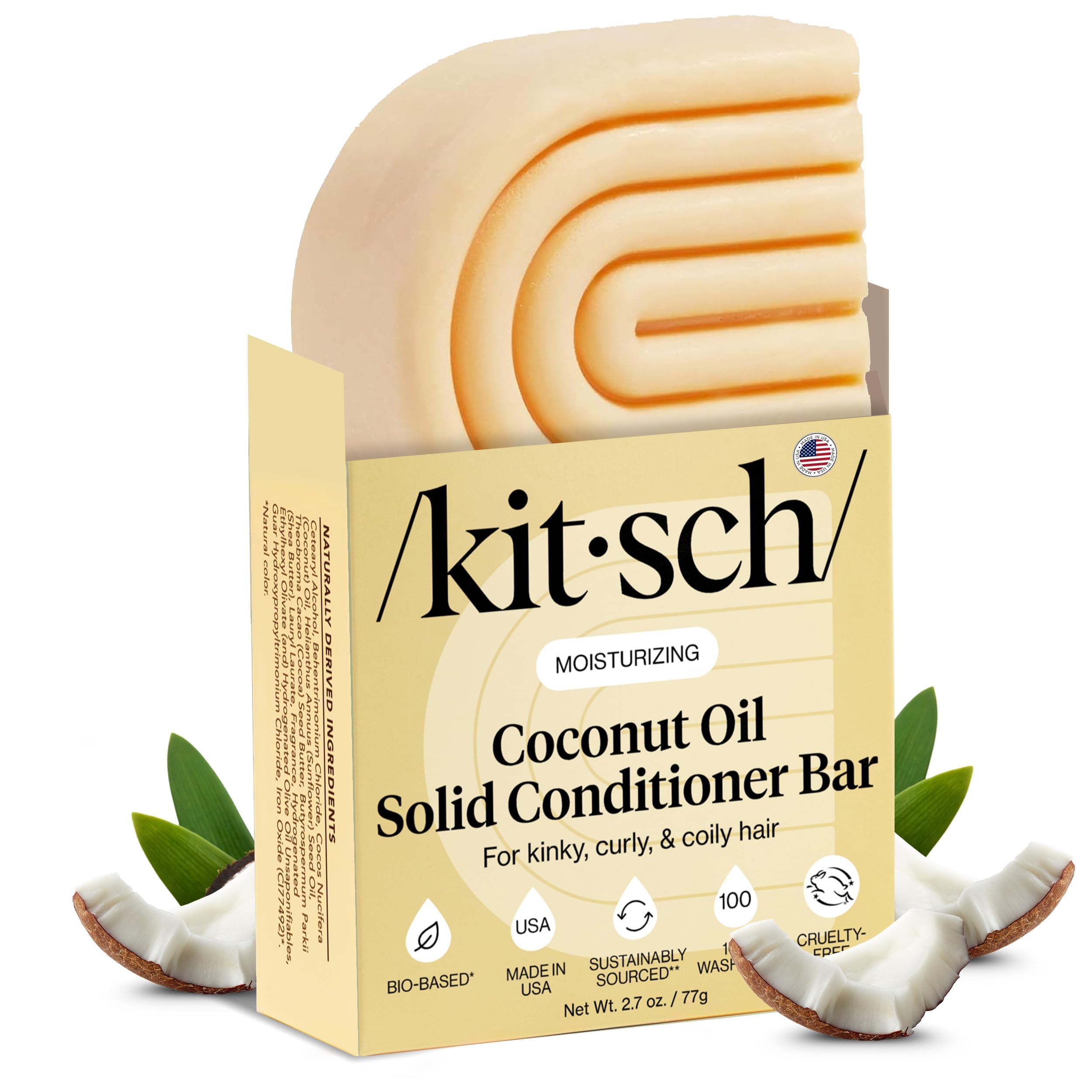 Kitsch barra acondicionador con aceite de coco en manos para cabello suave.