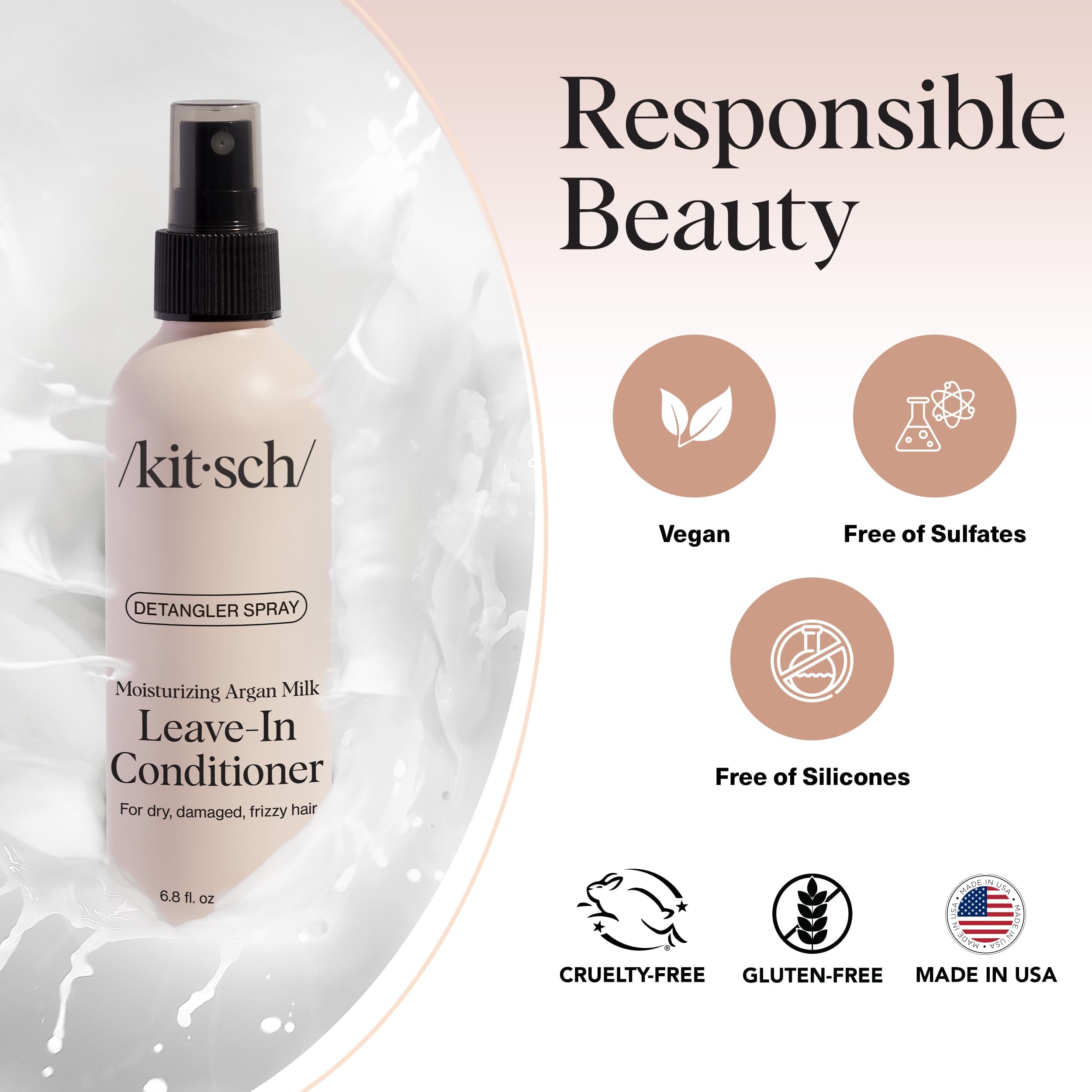 Kitsch Argan Milk Spray aplicación suave en cabello húmedo.