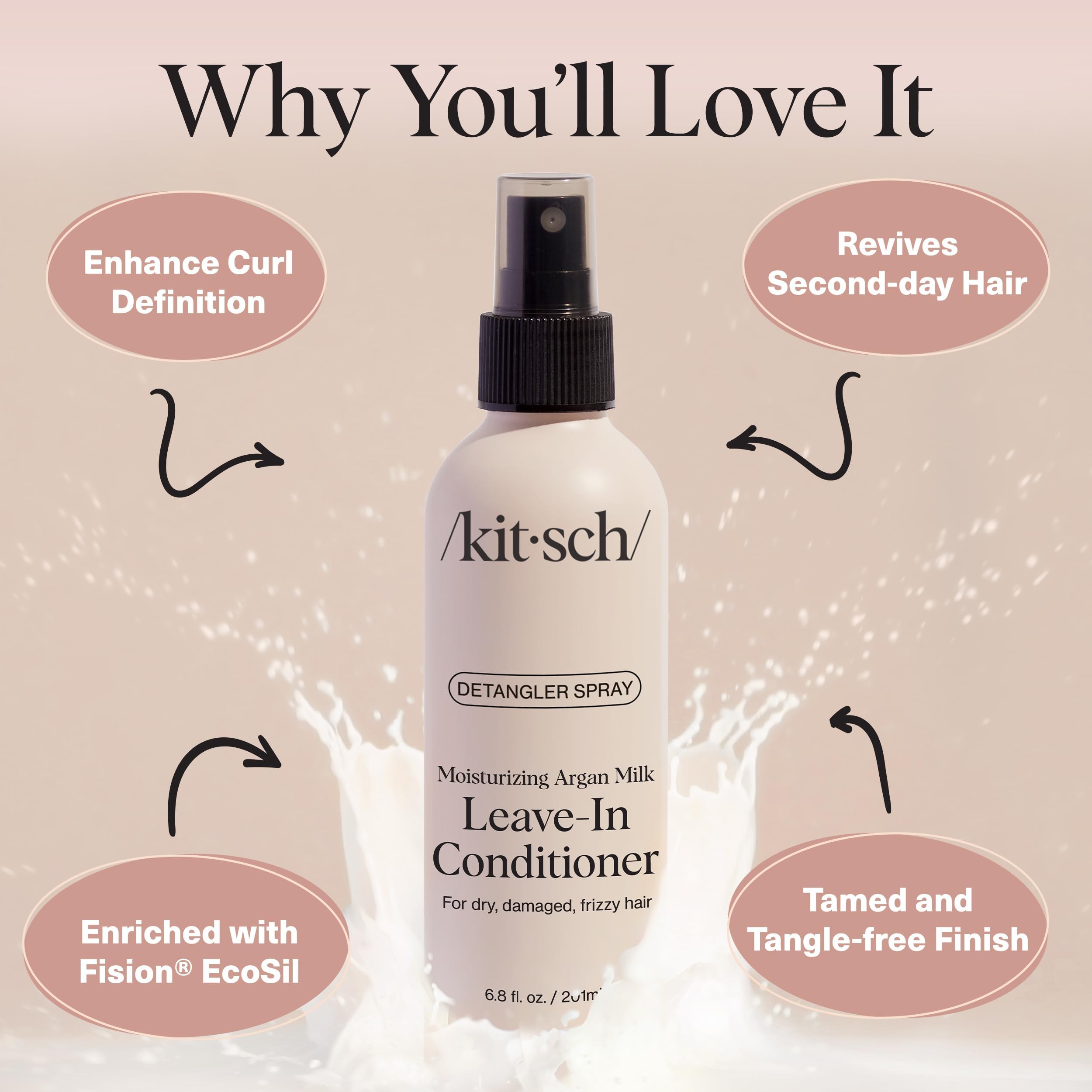 Kitsch Argan Milk Spray sin silicona cuida cabellos dañados.