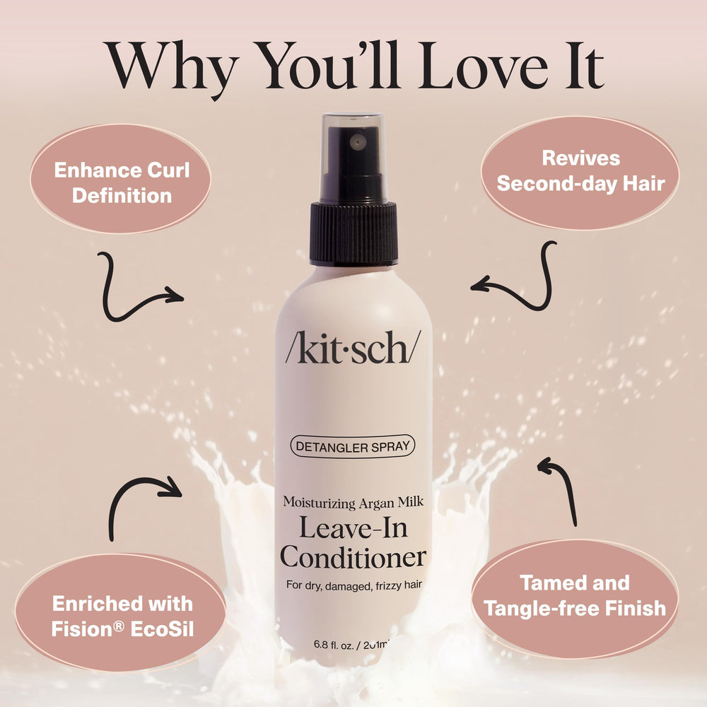 Kitsch Argan Milk Spray sin silicona cuida cabellos dañados.