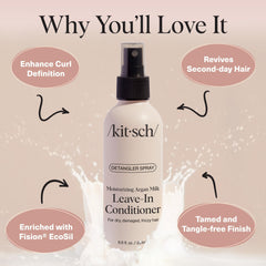 Kitsch Argan Milk Spray sin silicona cuida cabellos dañados.