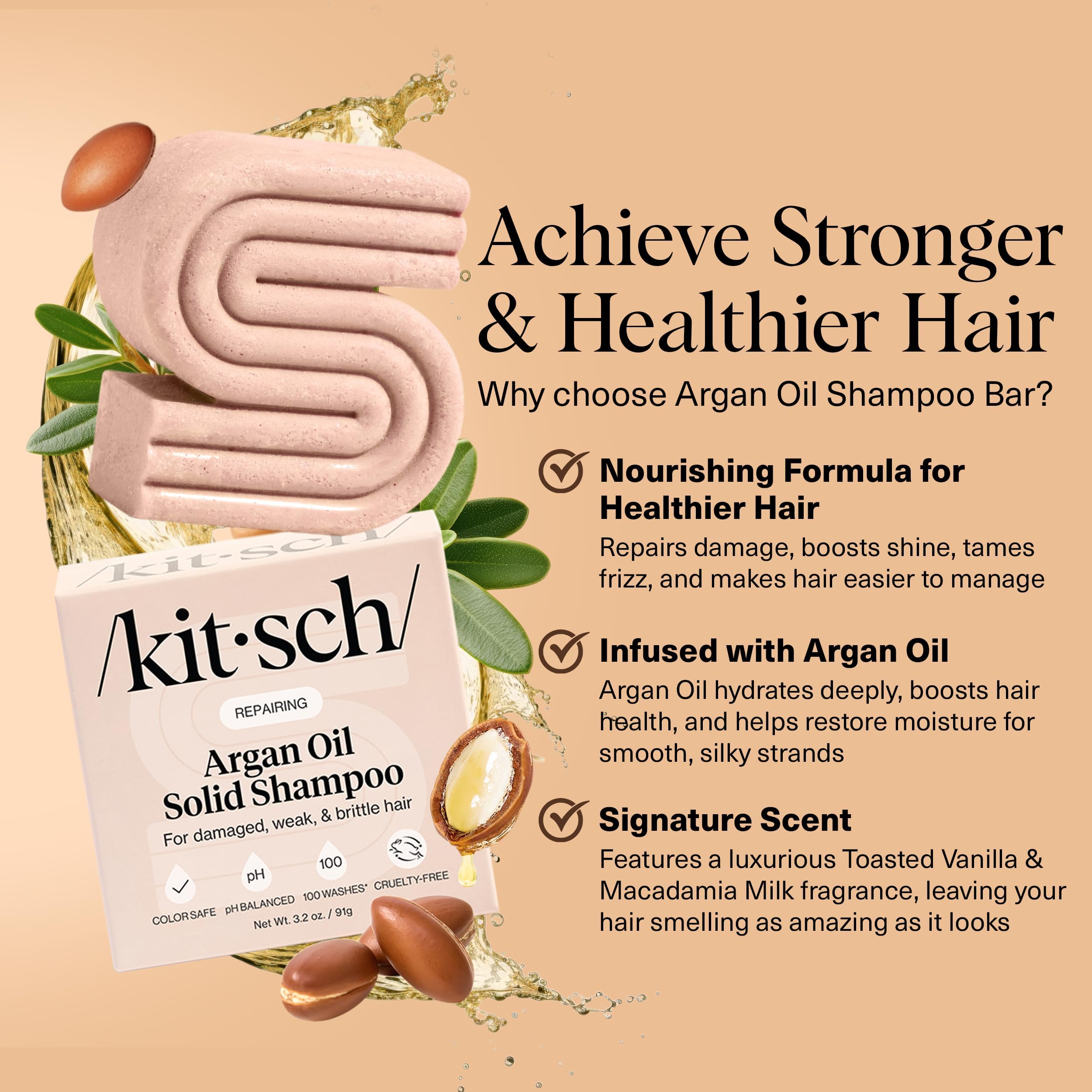 Kitsch Argan Oil Shampoo Bar aporta brillo y suavidad al cabello.