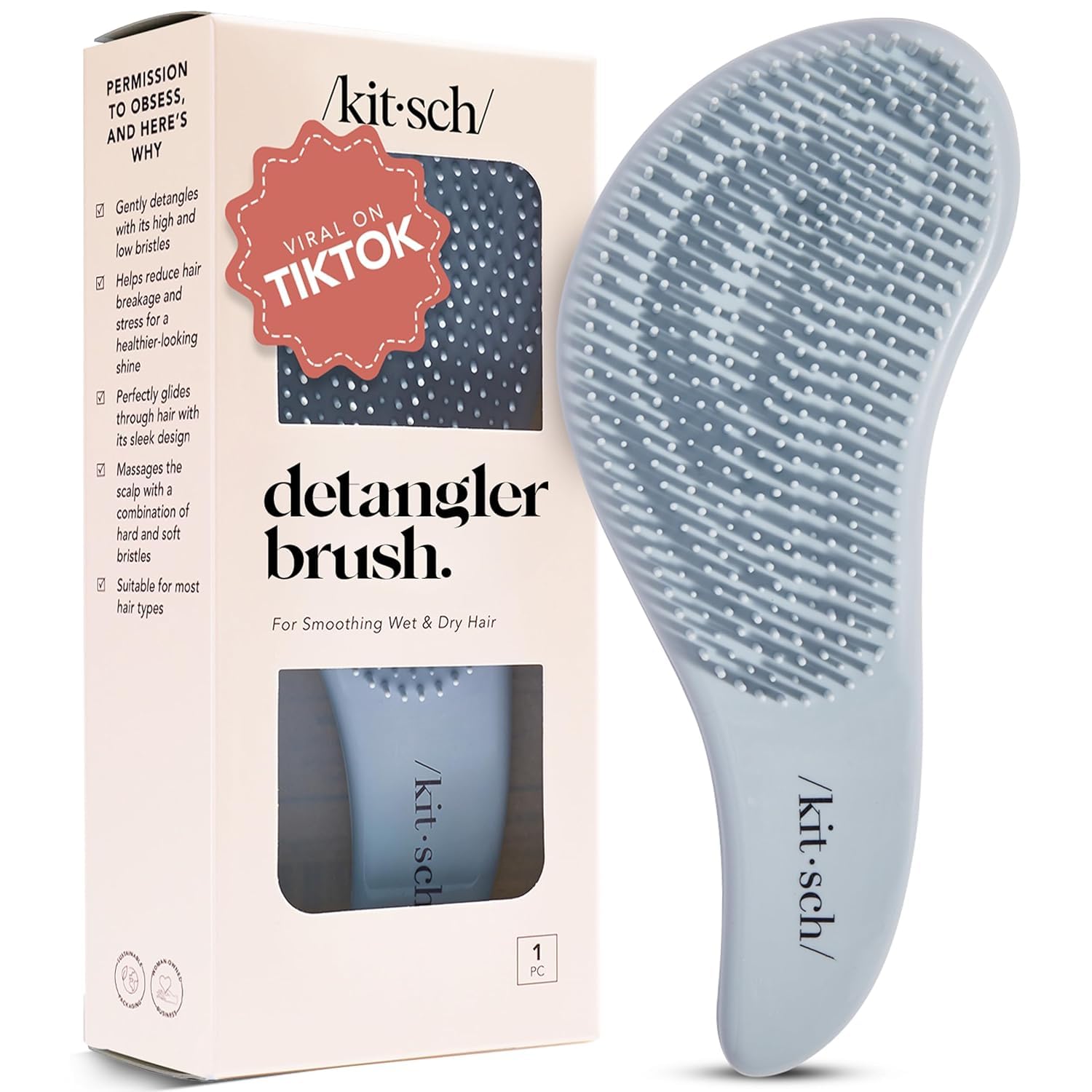 Cepillo Kitsch con cerdas flexibles para desenredar suave sin tirar.