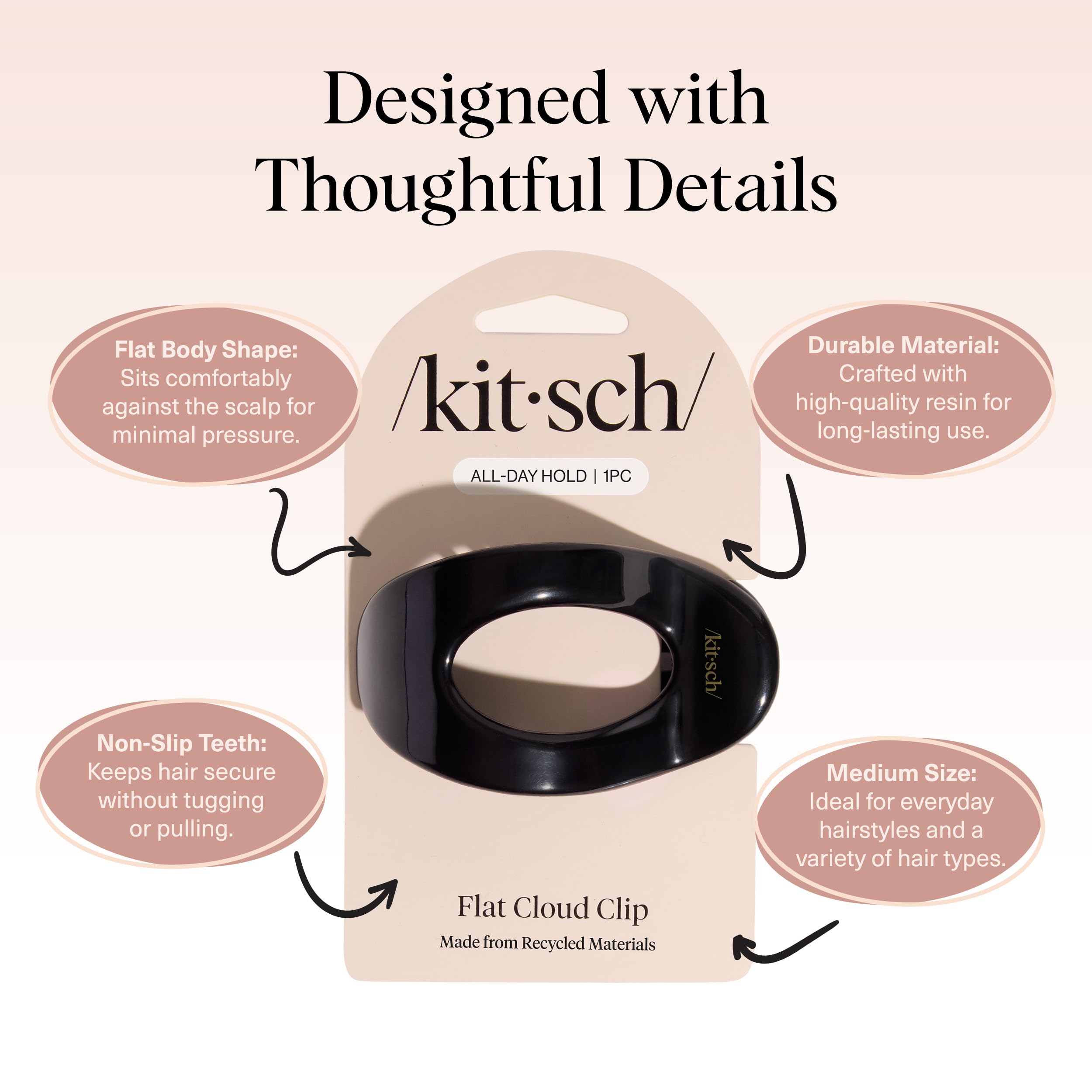 Kitsch Clip Plano Negro, detalle de agarre fuerte para cualquier cabello