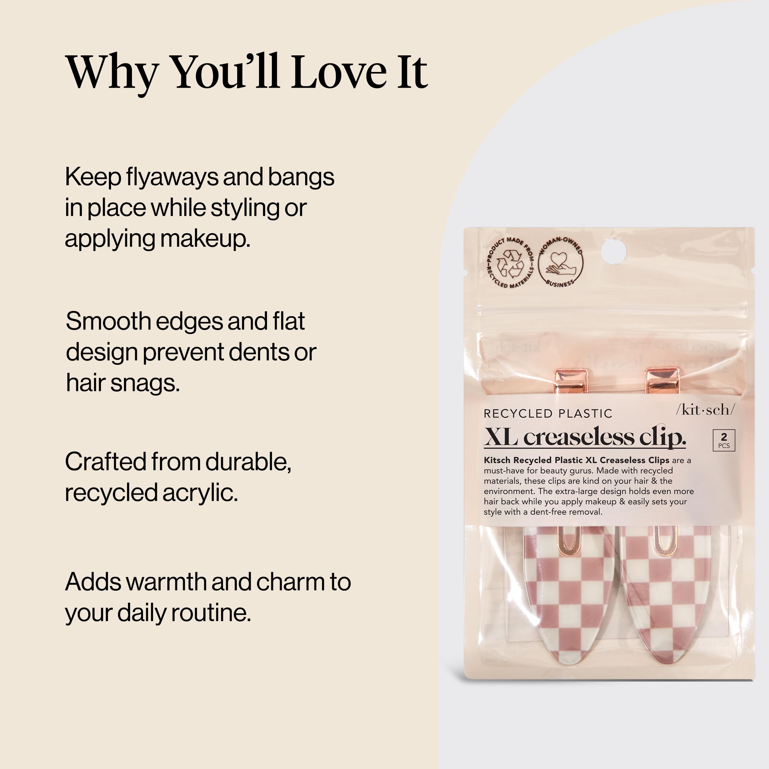 Kitsch clip grande, cuadros terracota, agarre seguro para mechones gruesos.