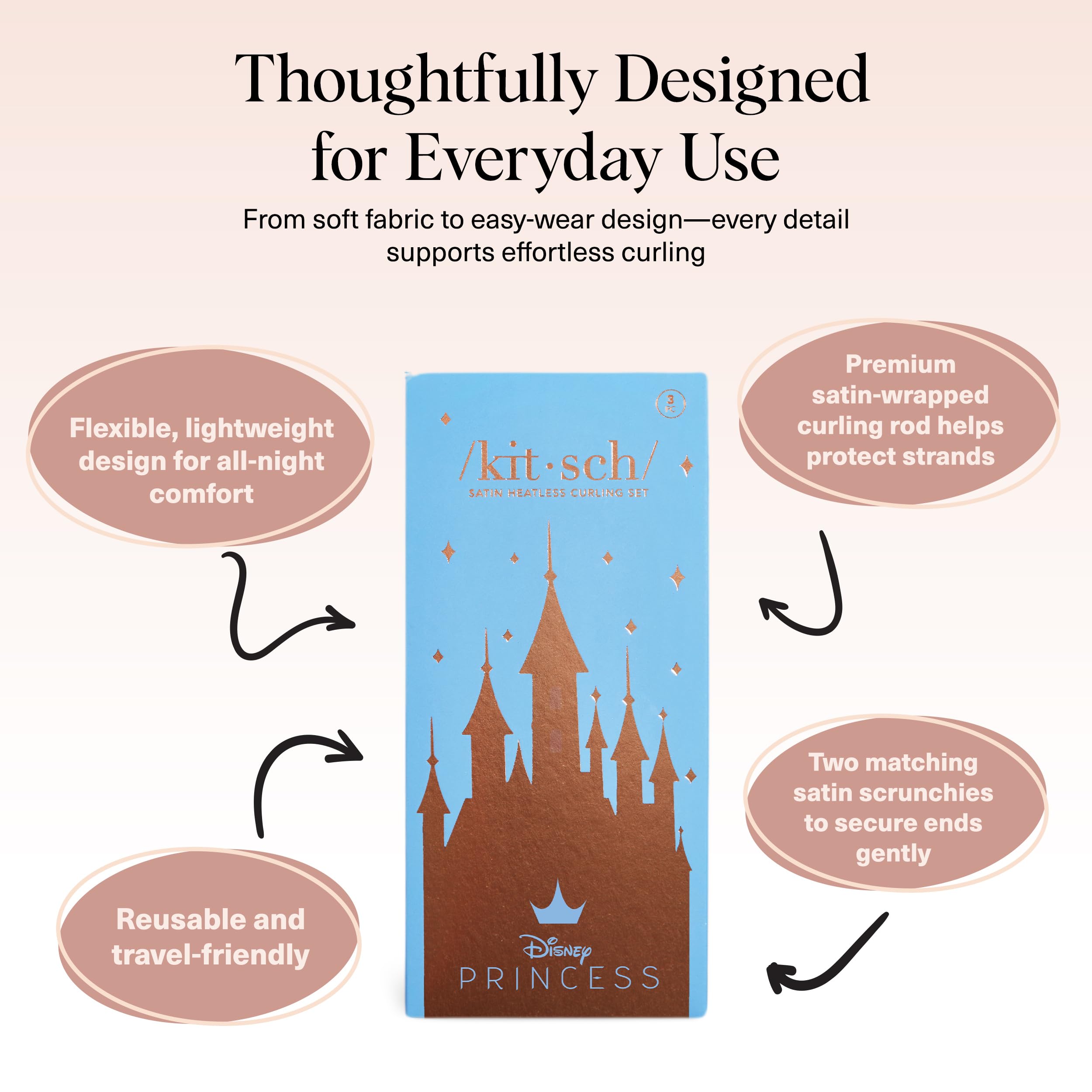 Satén suave envuelve el cabello para un peinado cómodo y sin daño.