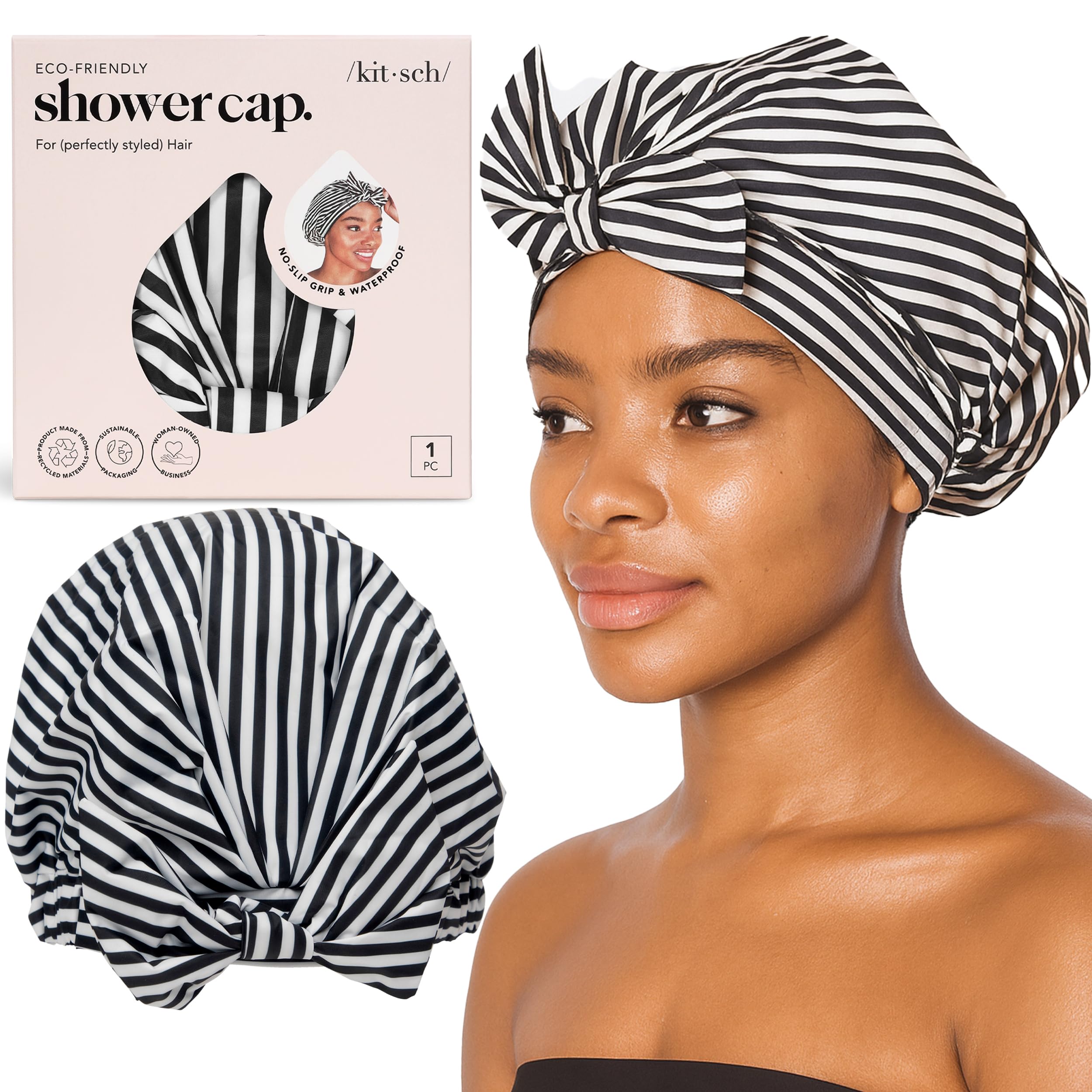 Gorro de ducha Kitsch con diseño rayas para mujer, evita filtraciones mientras te duchas.