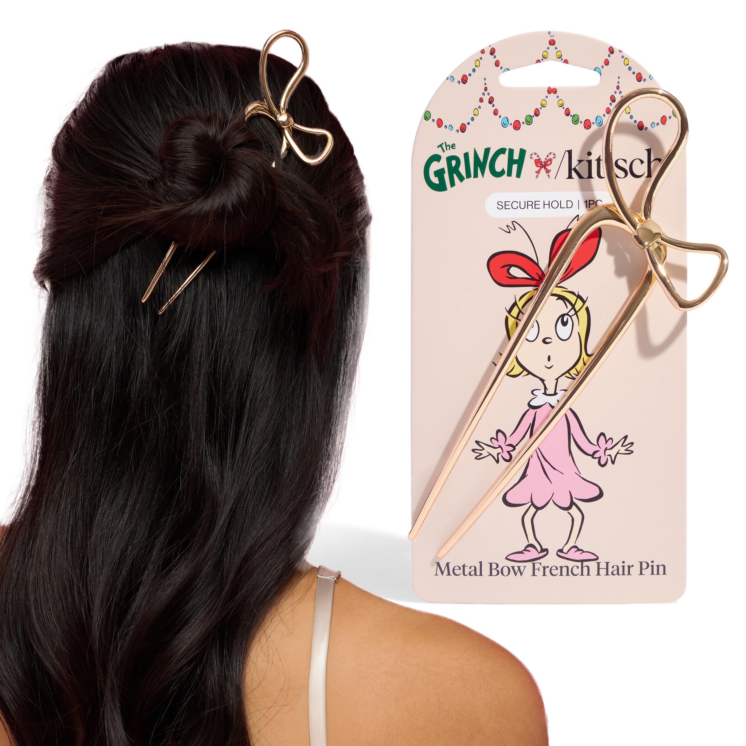 Kitsch Grinch broche pelo dorado lazo para recogidos brillantes.