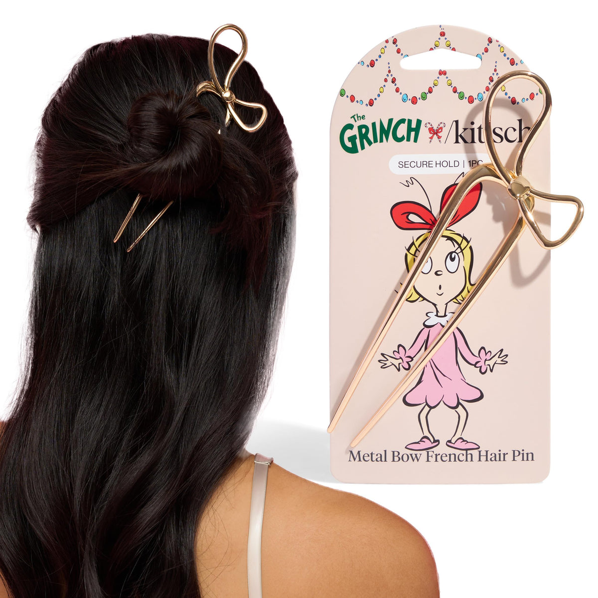 Kitsch Grinch broche pelo dorado lazo para recogidos brillantes.