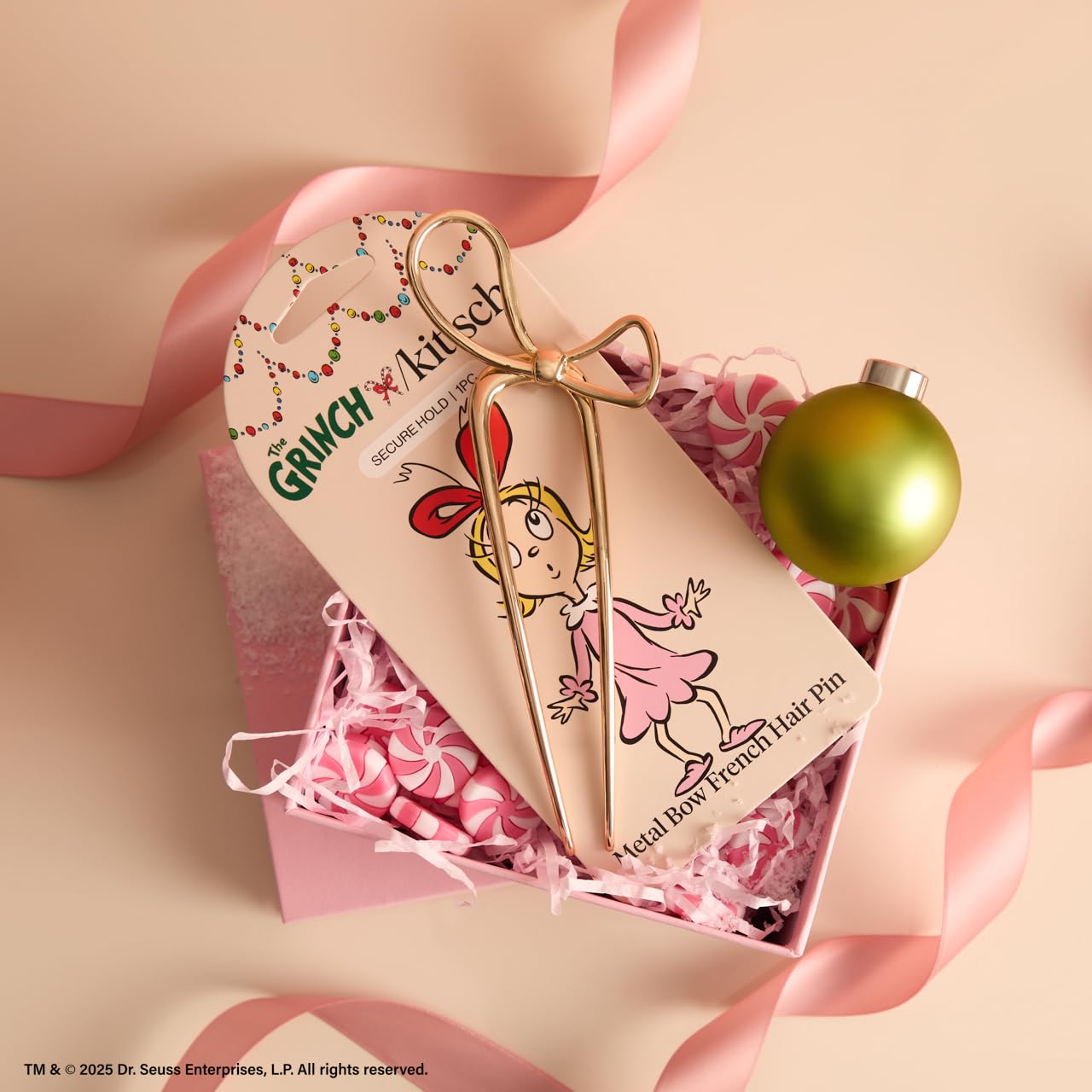 Kitsch Grinch pin pelo dorado acabado suave para deslizar.
