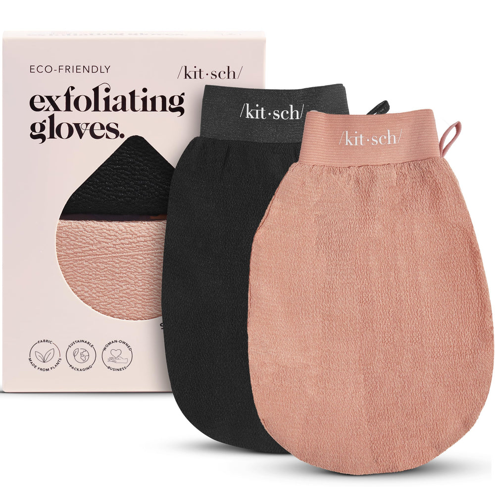 Guantes exfoliantes Kitsch 2p en empaque elegante para el cuidado de la piel.