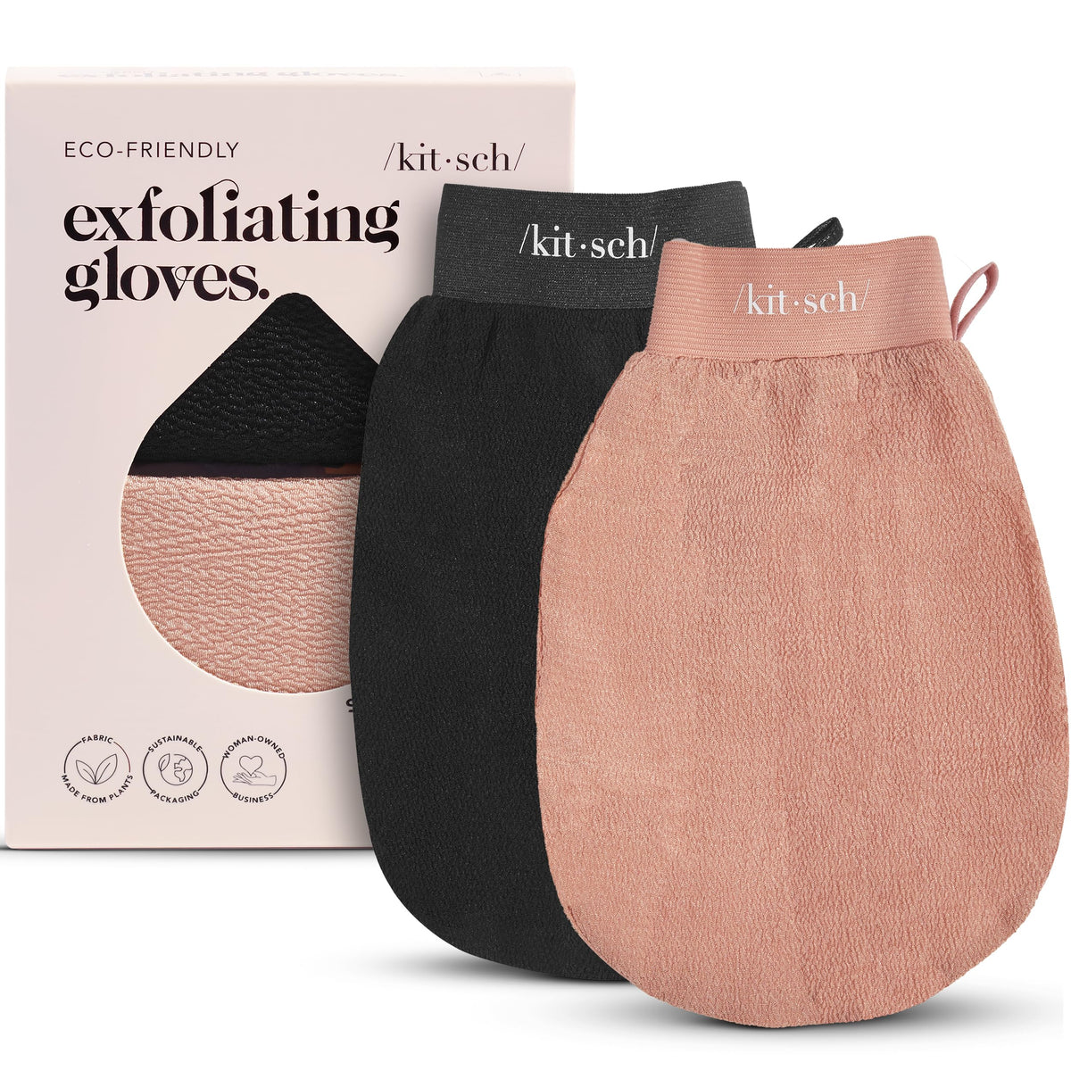 Guantes exfoliantes Kitsch 2p en empaque elegante para el cuidado de la piel.