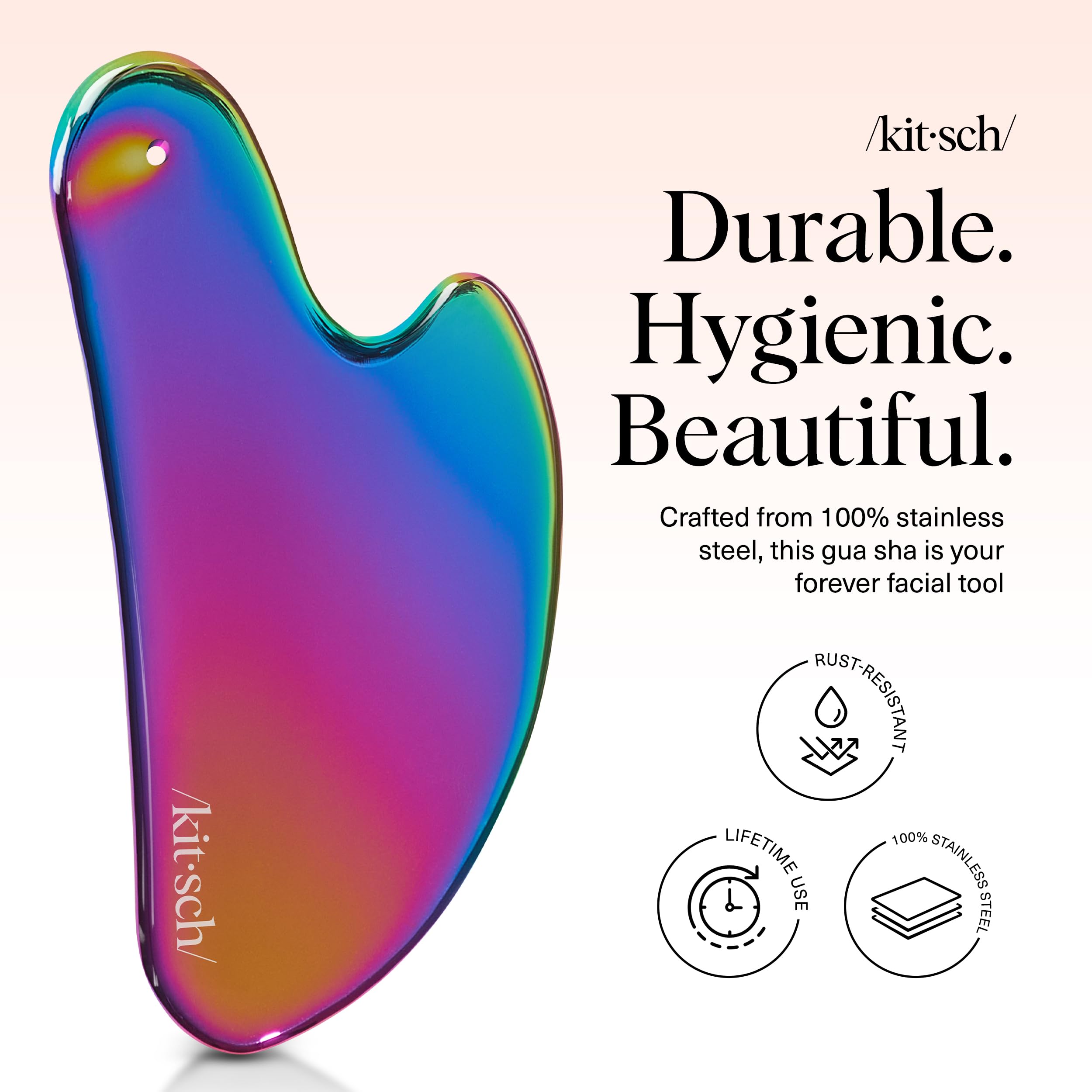 Kitsch Gua Sha de acero inoxidable, drenaje linfático de la zona facial con aplicación suave.