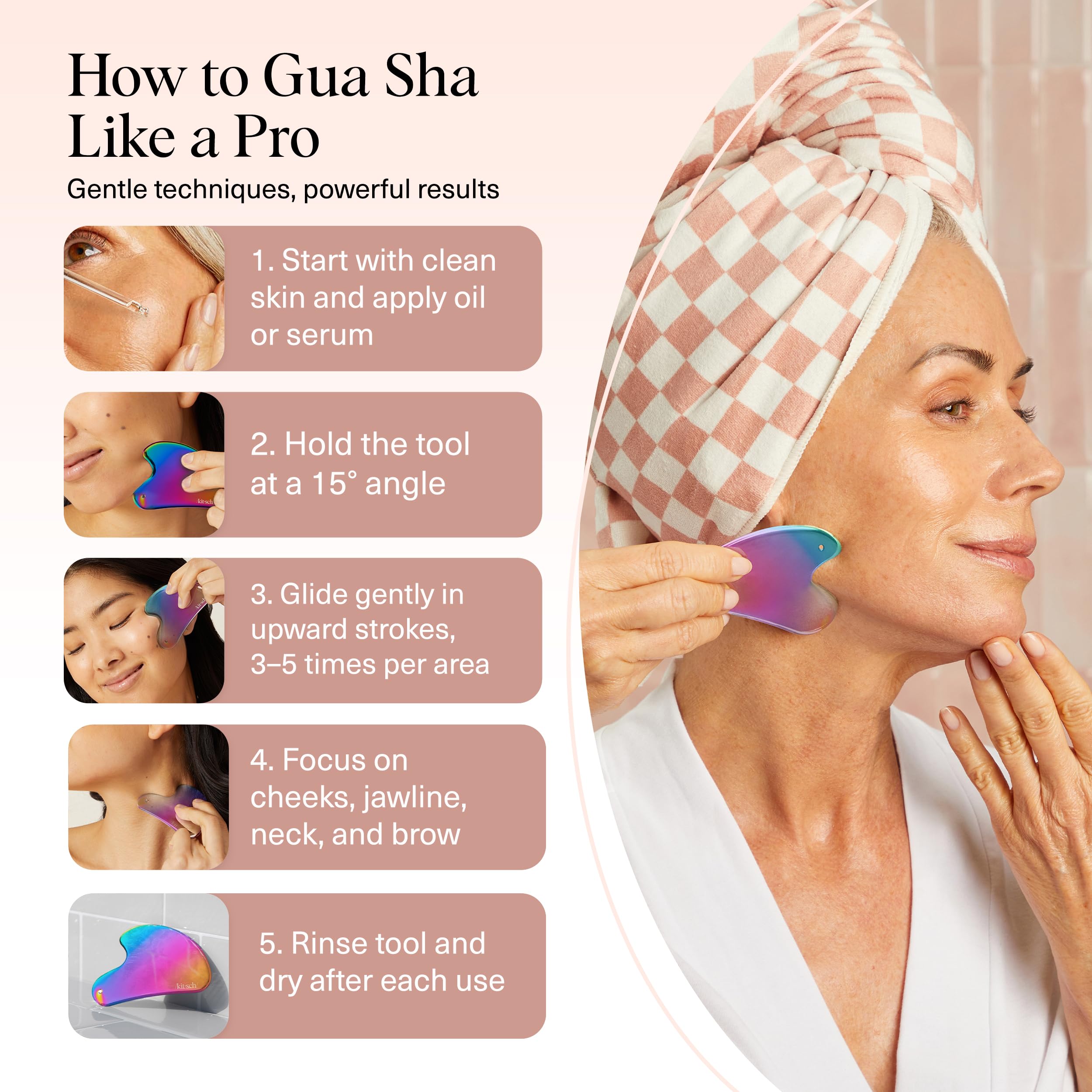 Kitsch Gua Sha de acero inoxidable, sensación de frío natural para una experiencia refrescante.