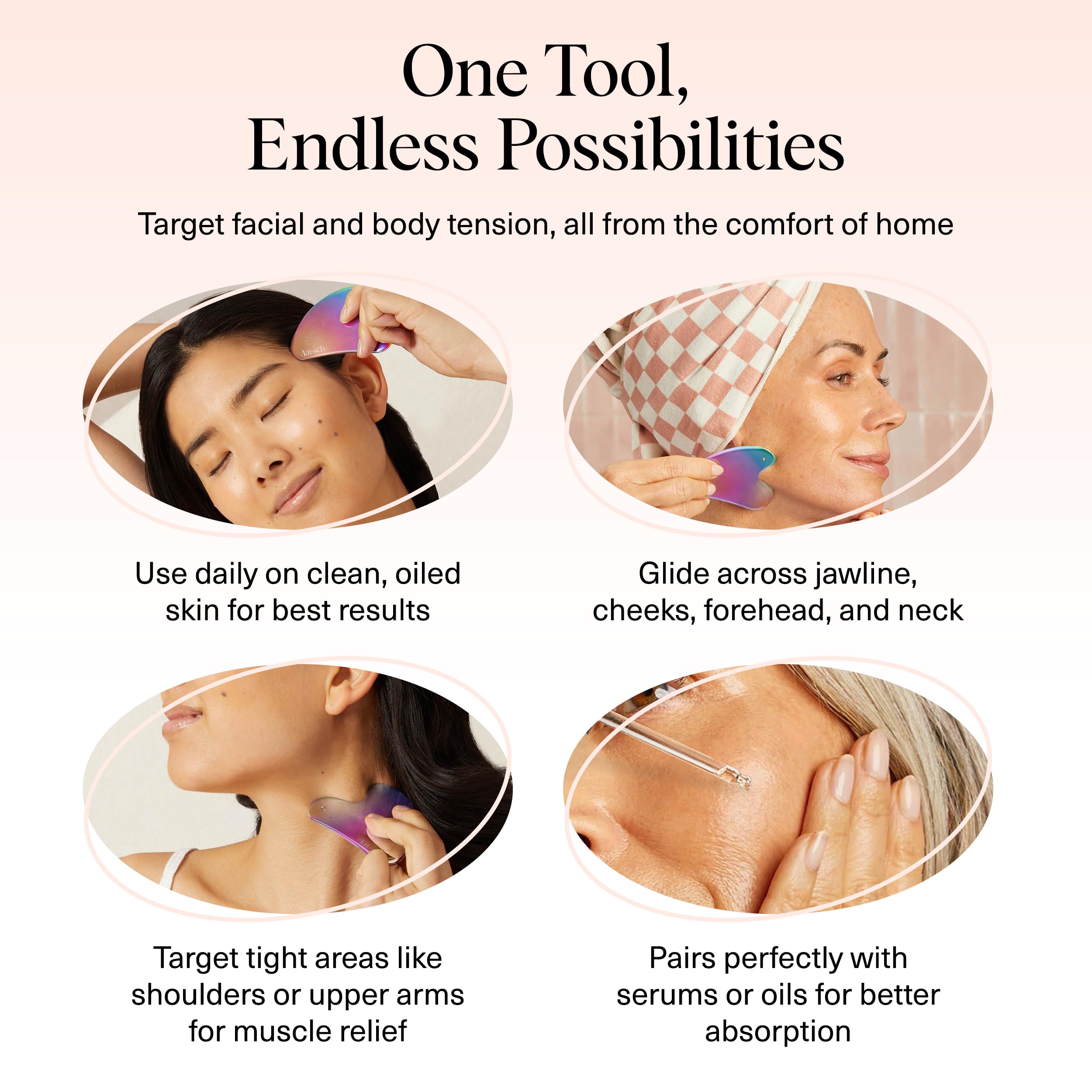 Kitsch Gua Sha de acero inoxidable, superficie no porosa que facilita limpieza y higienización.