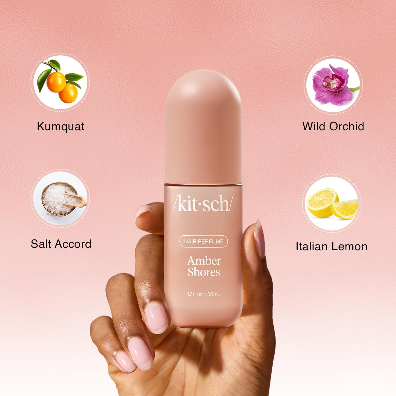 Kitsch Amber Shores: aroma para cuerpo y cabello, uso versátil diario.