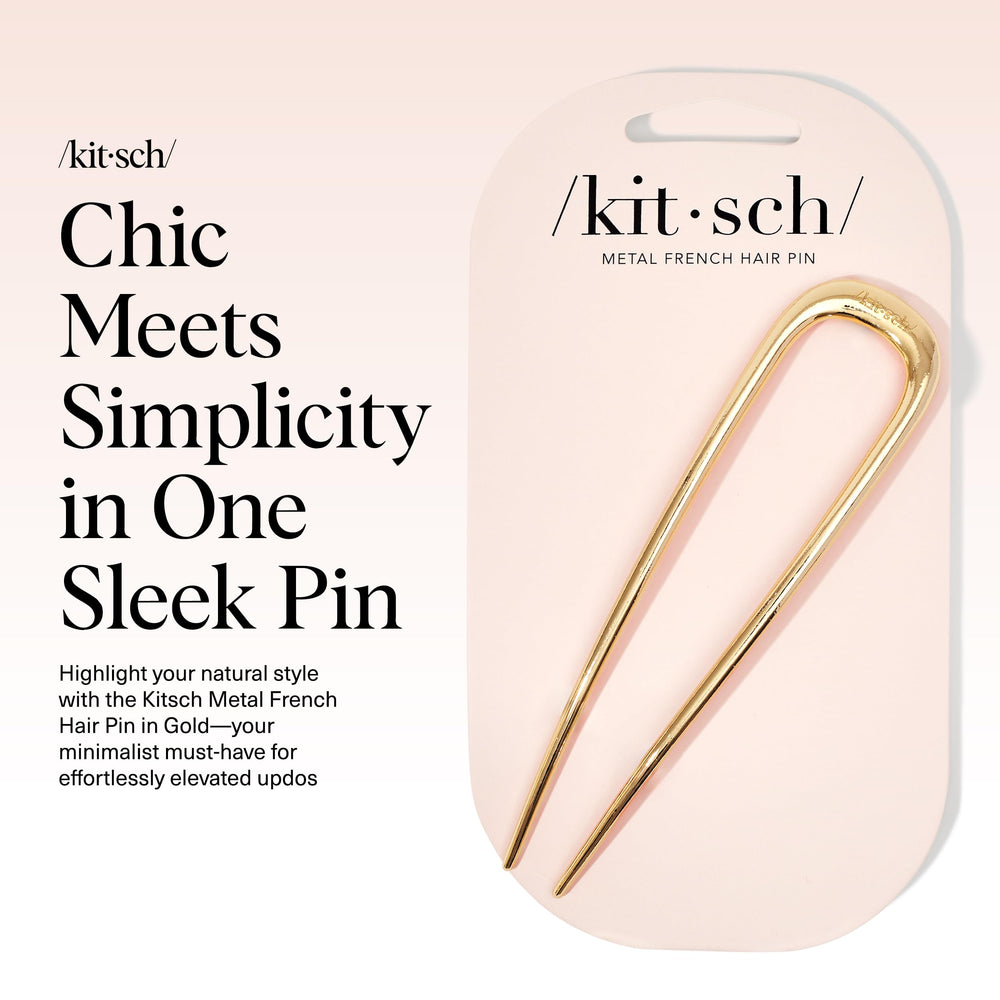Pin de pelo francés Kitsch oro, inserción suave para moños sin daños ni tirones.