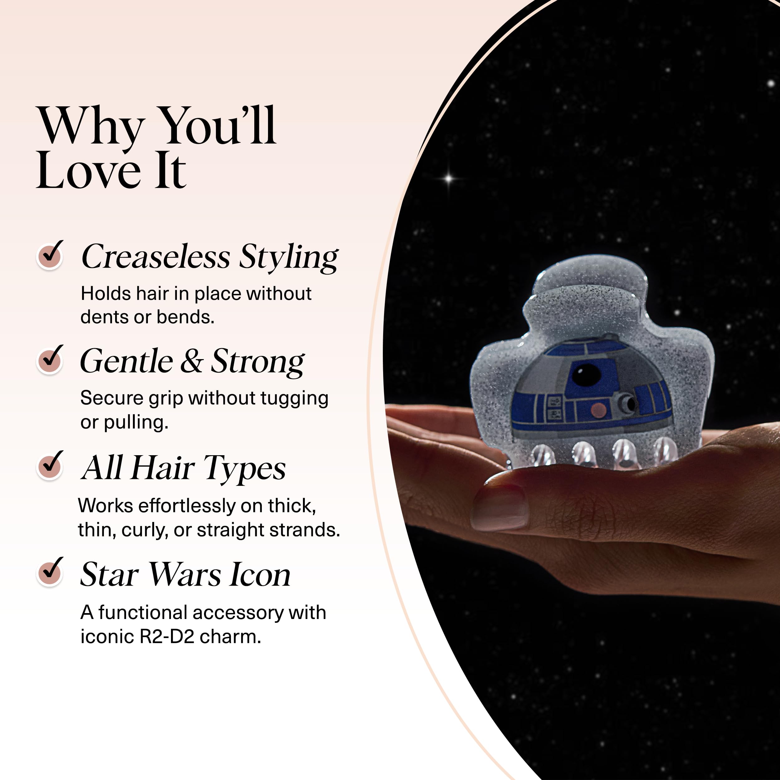 Kitsch R2-D2 clip de pelo con efecto estelar, estilo versátil para oficina o fin de semana.