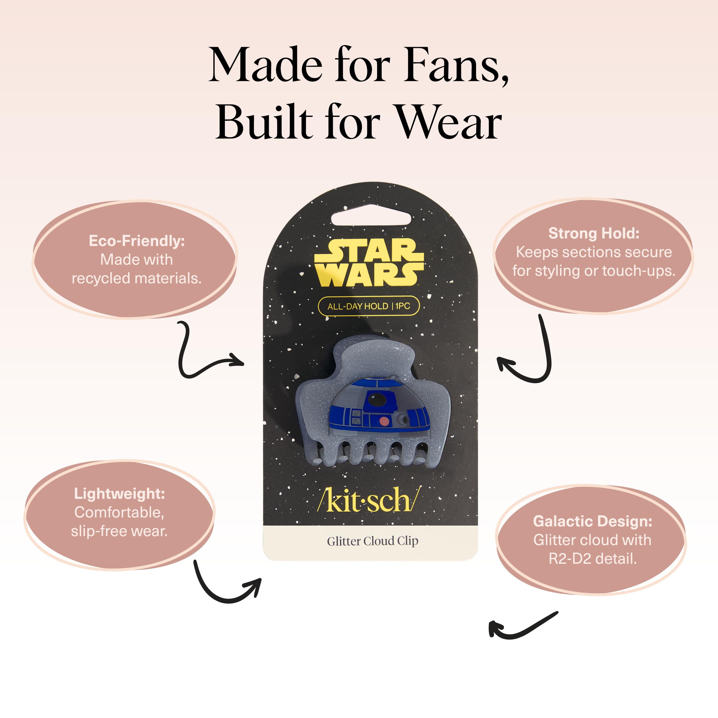 Kitsch R2-D2 clip de pelo resistente, agarre seguro sin tirar durante el día.