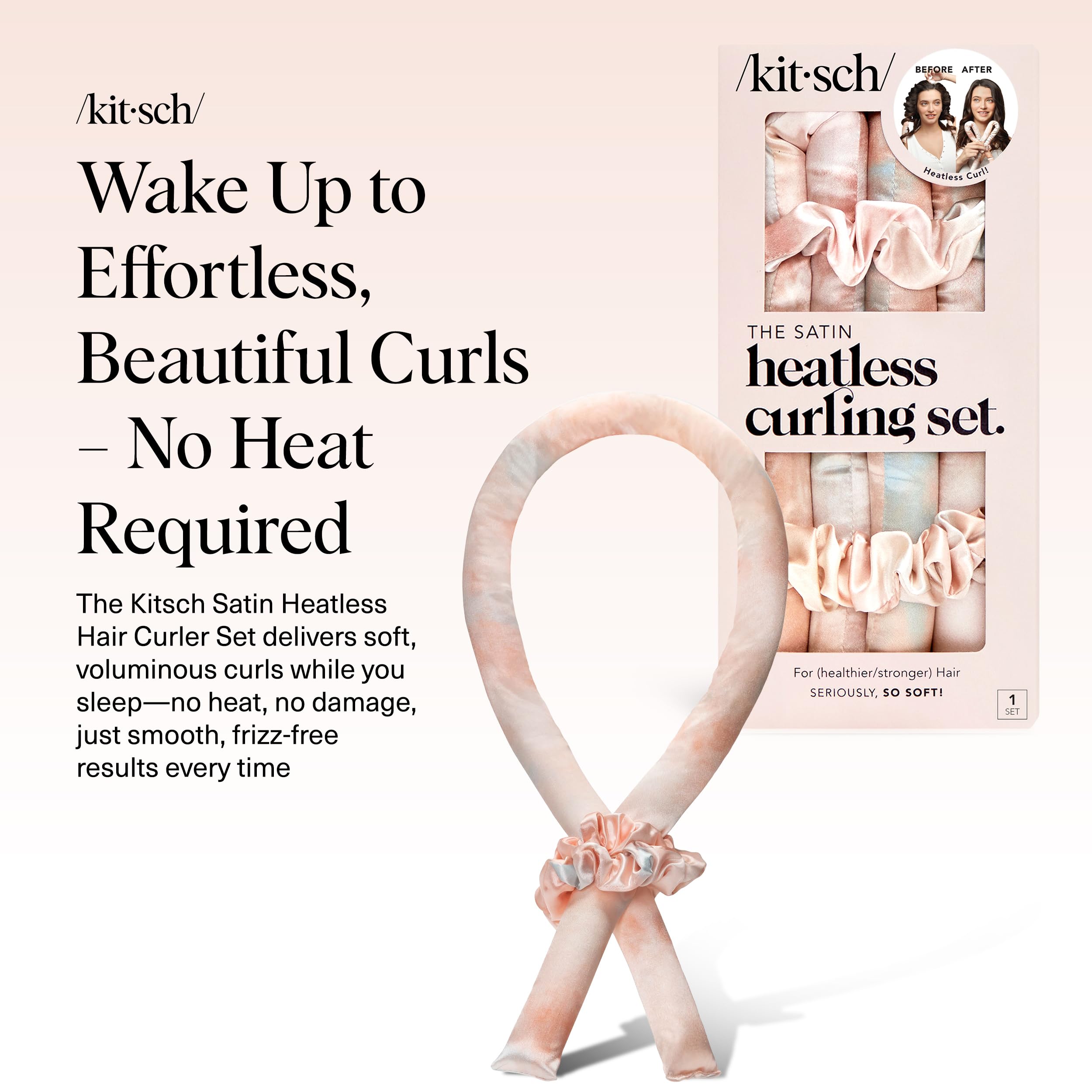 Kitsch kit de rizos sin calor con 2 coleteros de satén para sujeción suave.