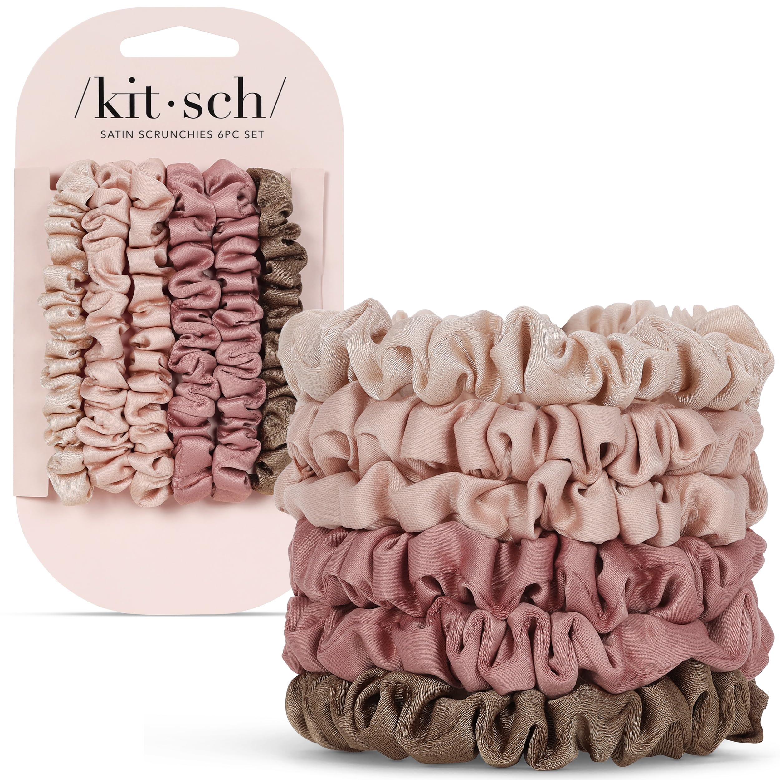 Kitsch Satin Scrunchies conjunto terracota para peinado suave sin marcas.