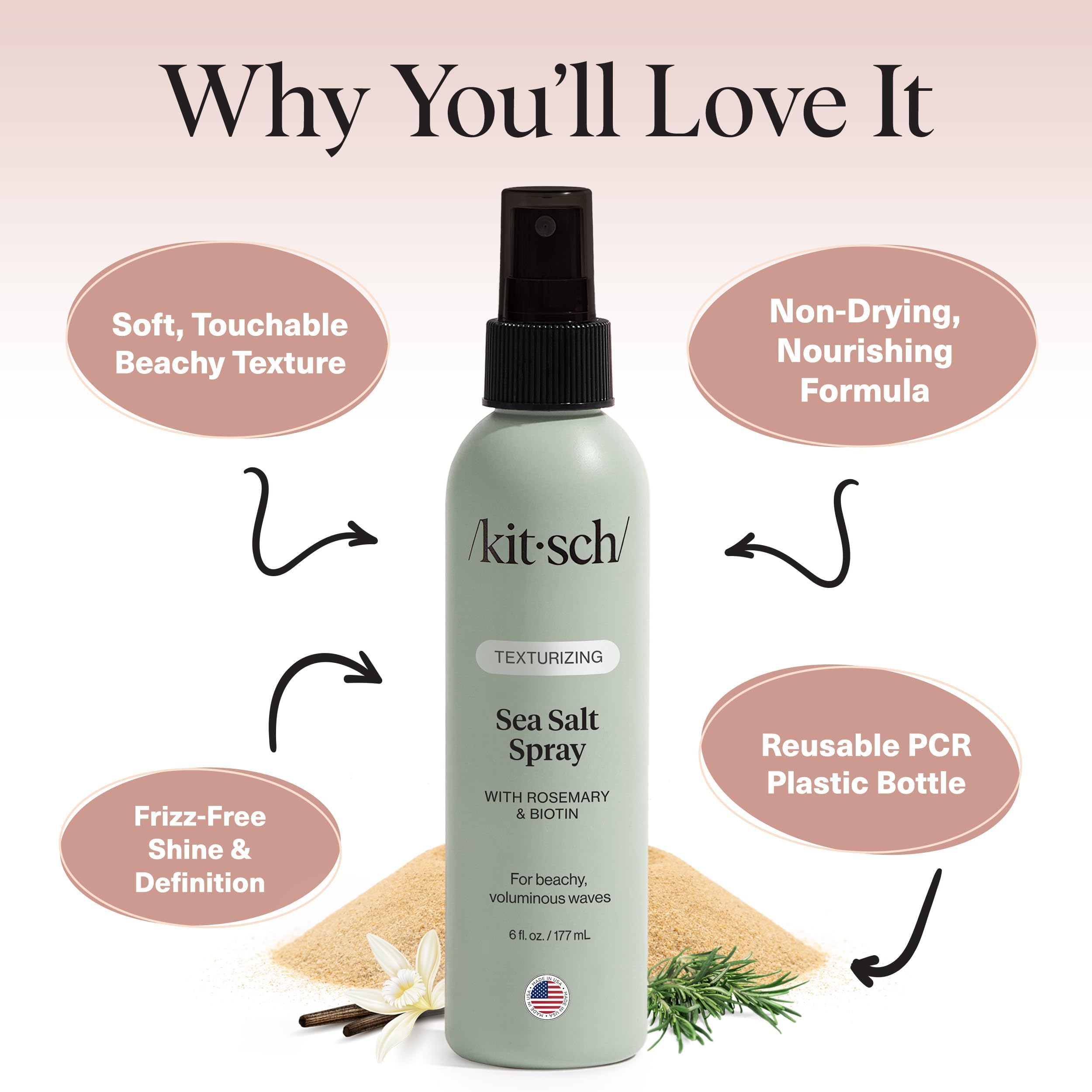 Kitsch Sea Salt Spray brillo-sutil entrega acabado natural y movimiento suave sin dejar sensación pegajosa.