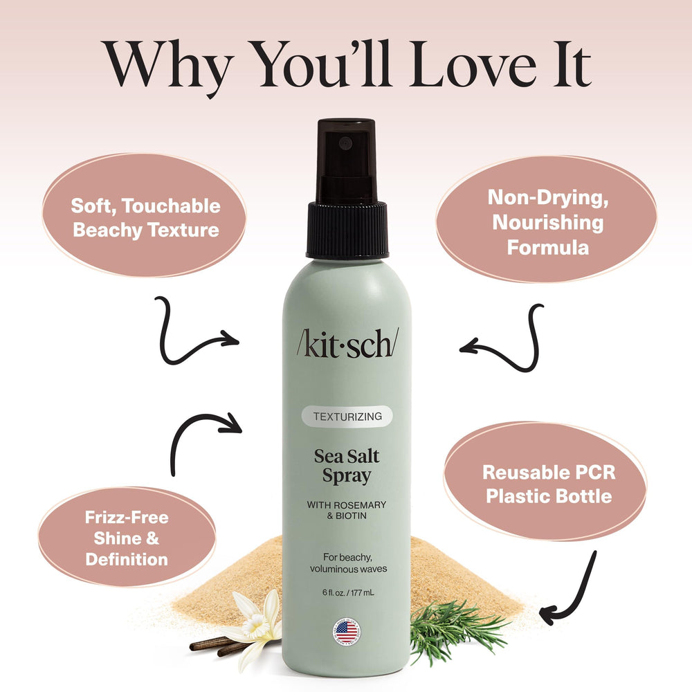 Kitsch Sea Salt Spray brillo-sutil entrega acabado natural y movimiento suave sin dejar sensación pegajosa.