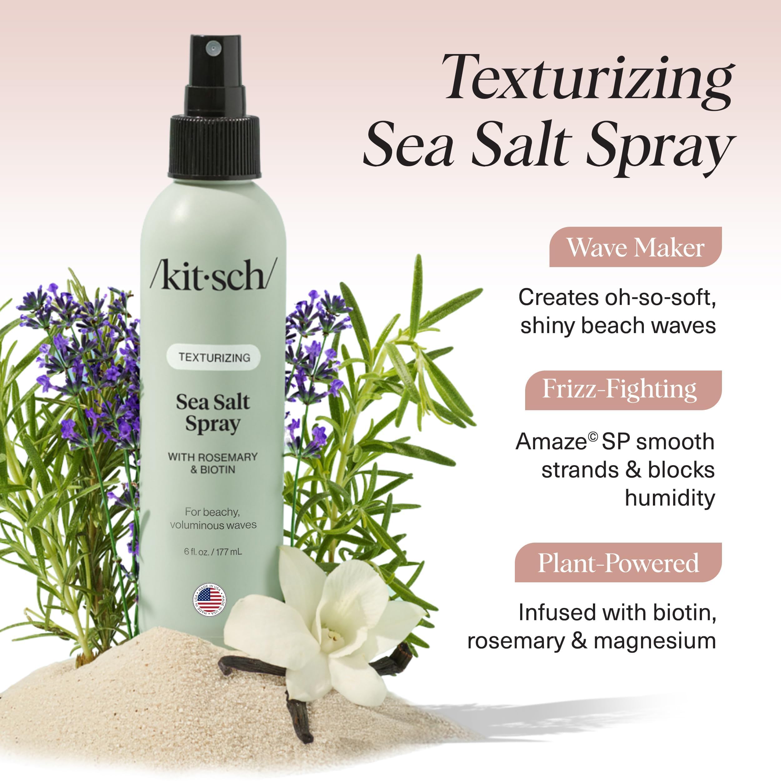 Kitsch Sea Salt Spray textura-suave facilita peinado rápido y estilo relajado sin rigidez.