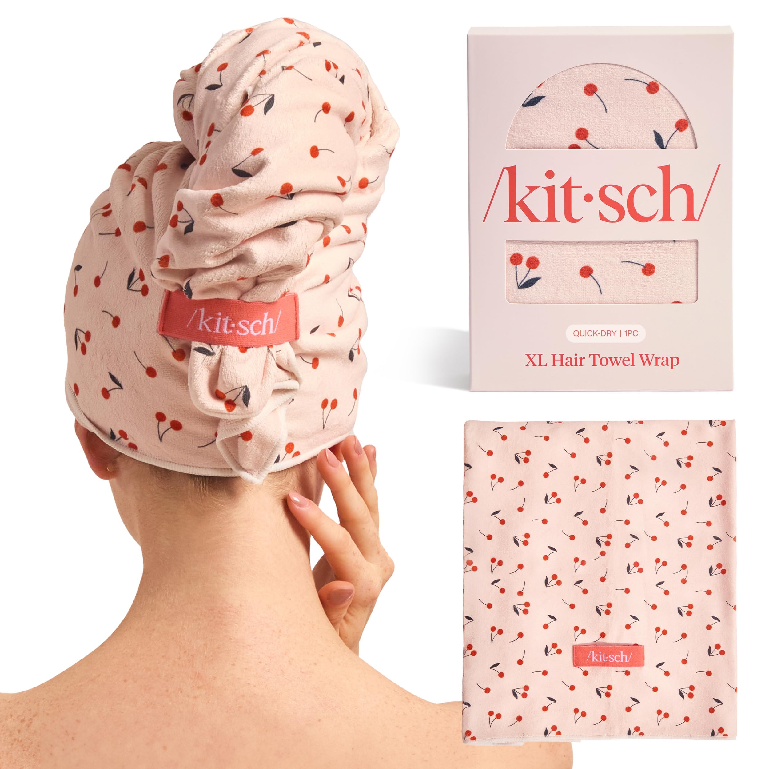 Kitsch toalla de microfibra XL, cabello con cereza, secado rápido y suave.