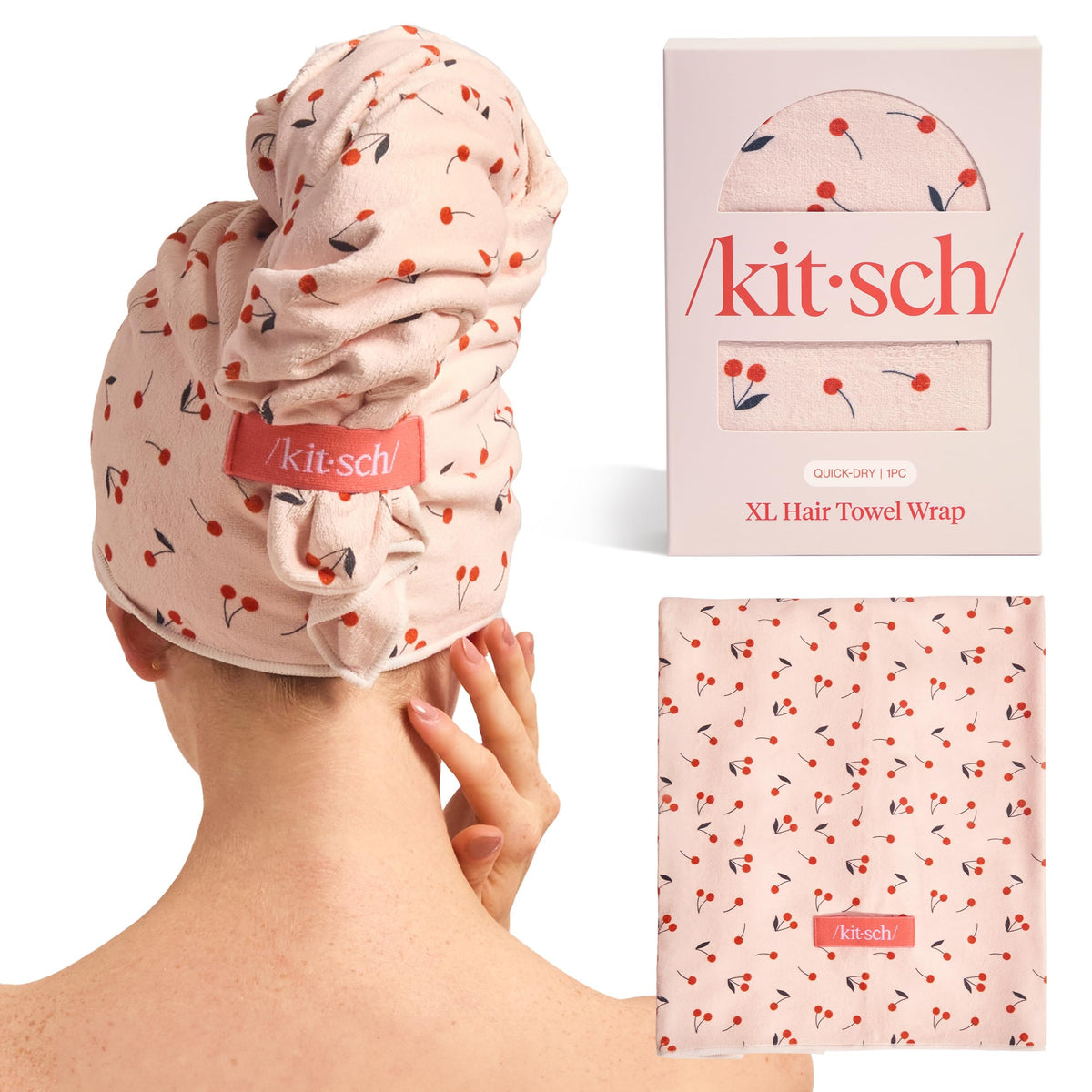 Kitsch toalla de microfibra XL, cabello con cereza, secado rápido y suave.