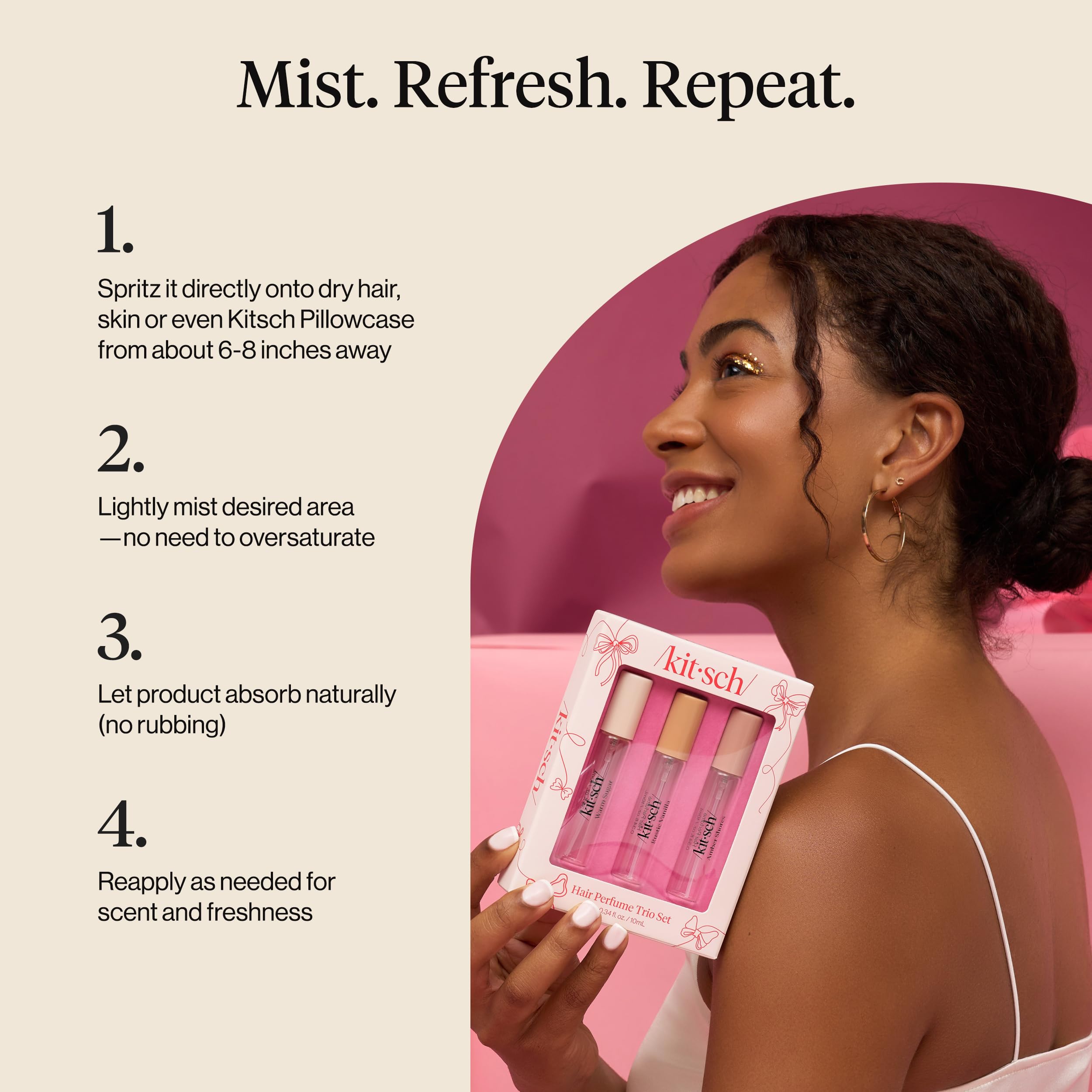 Kitsch uso diario: aplicación rápida en cabello para un aroma ligero.