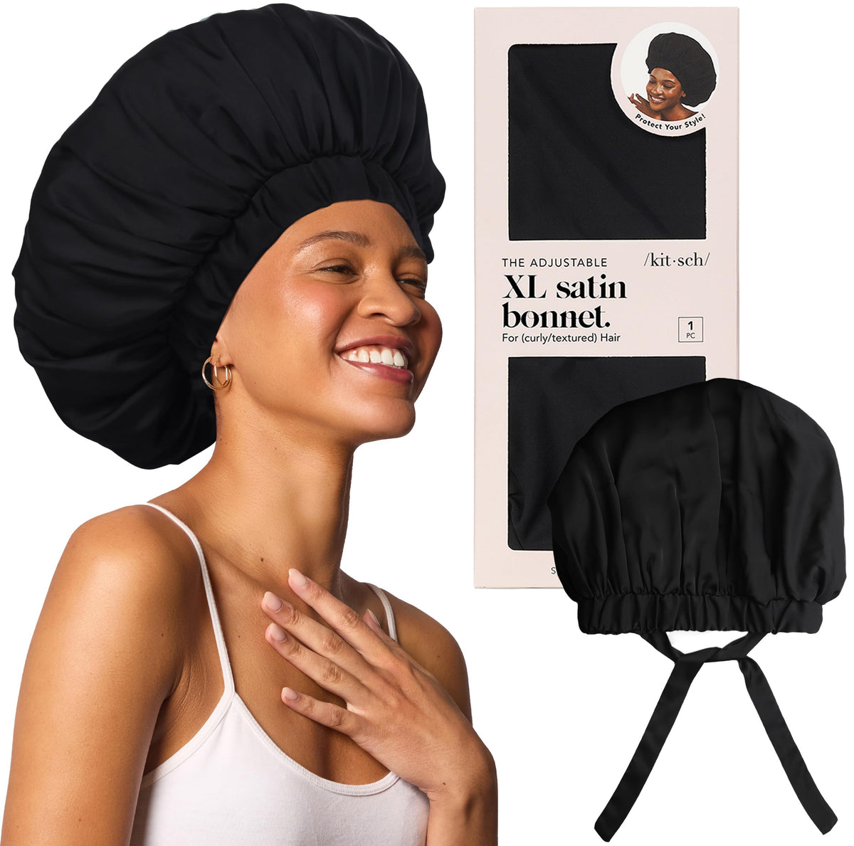 Kitsch XL bonete satén, vista frontal, suavidad y ajuste para dormir sin dañar el cabello.