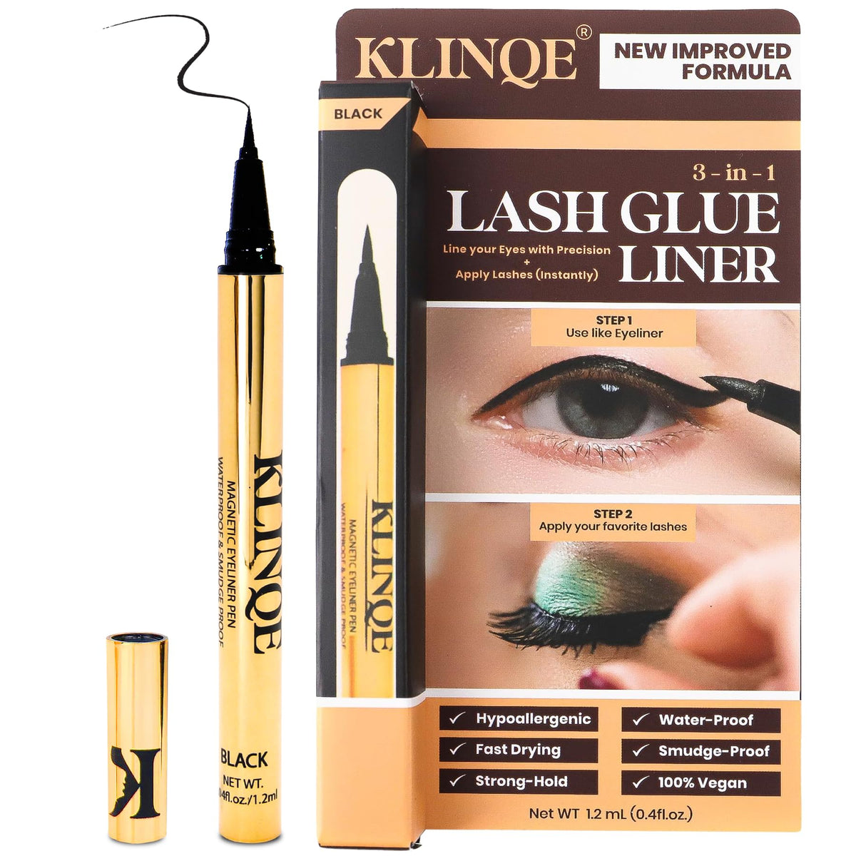 Klinqe delineador negro con pegamento para pestañas, definición precisa.