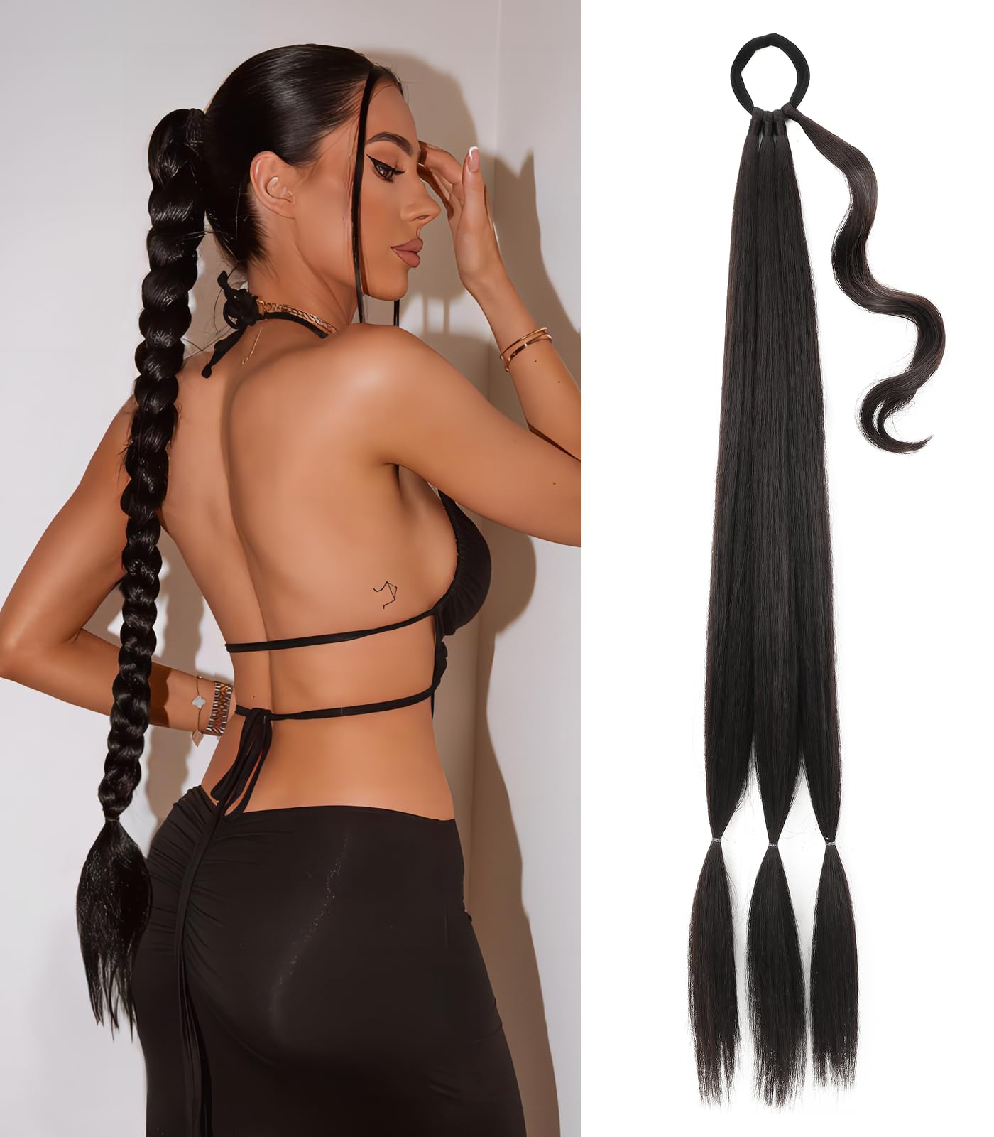 Kmzbasg extensión de coleta larga de 34 pulgadas, marrón y negro, ideal para cambios diarios.