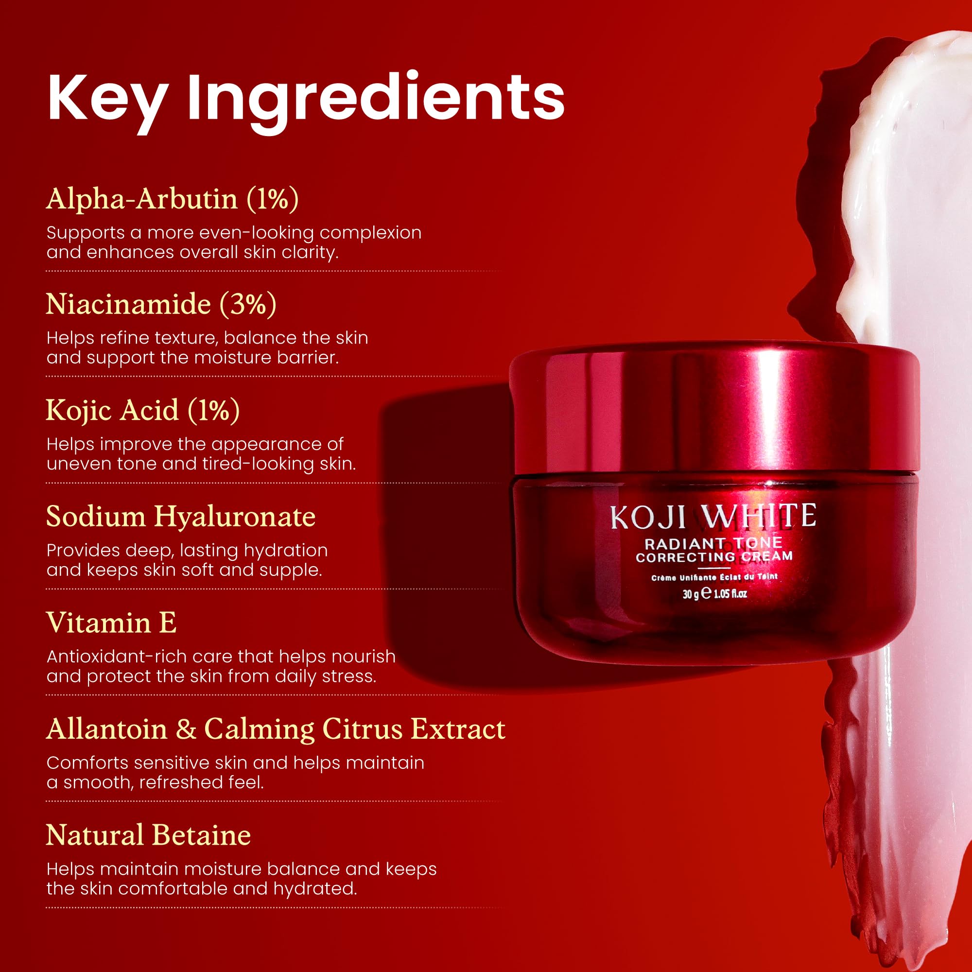 Koji White: ingredientes clave como vitamina E y alfa-arbutina.