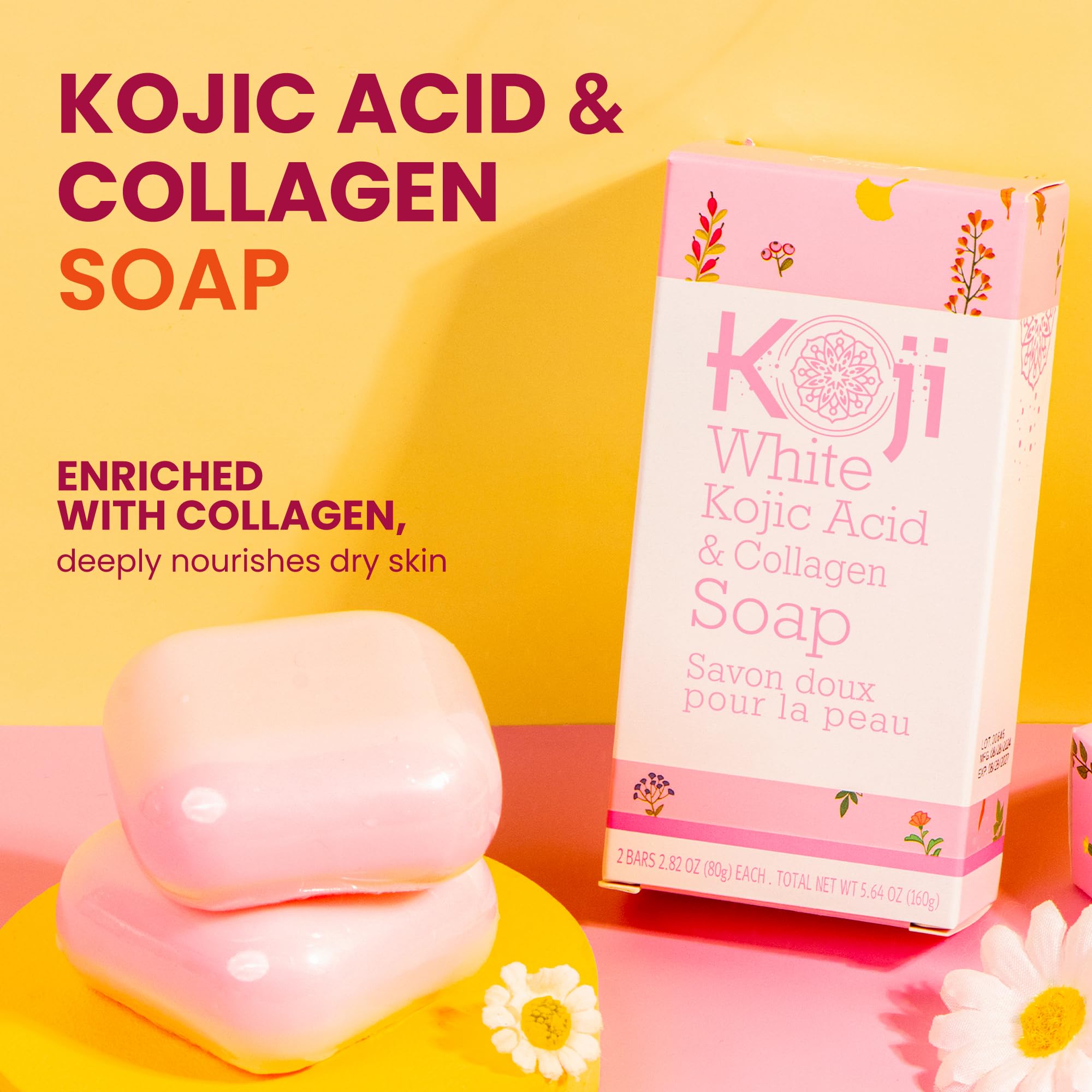Koji White, doble barra de jabón Kojic y Colágeno, uso facial y corporal.