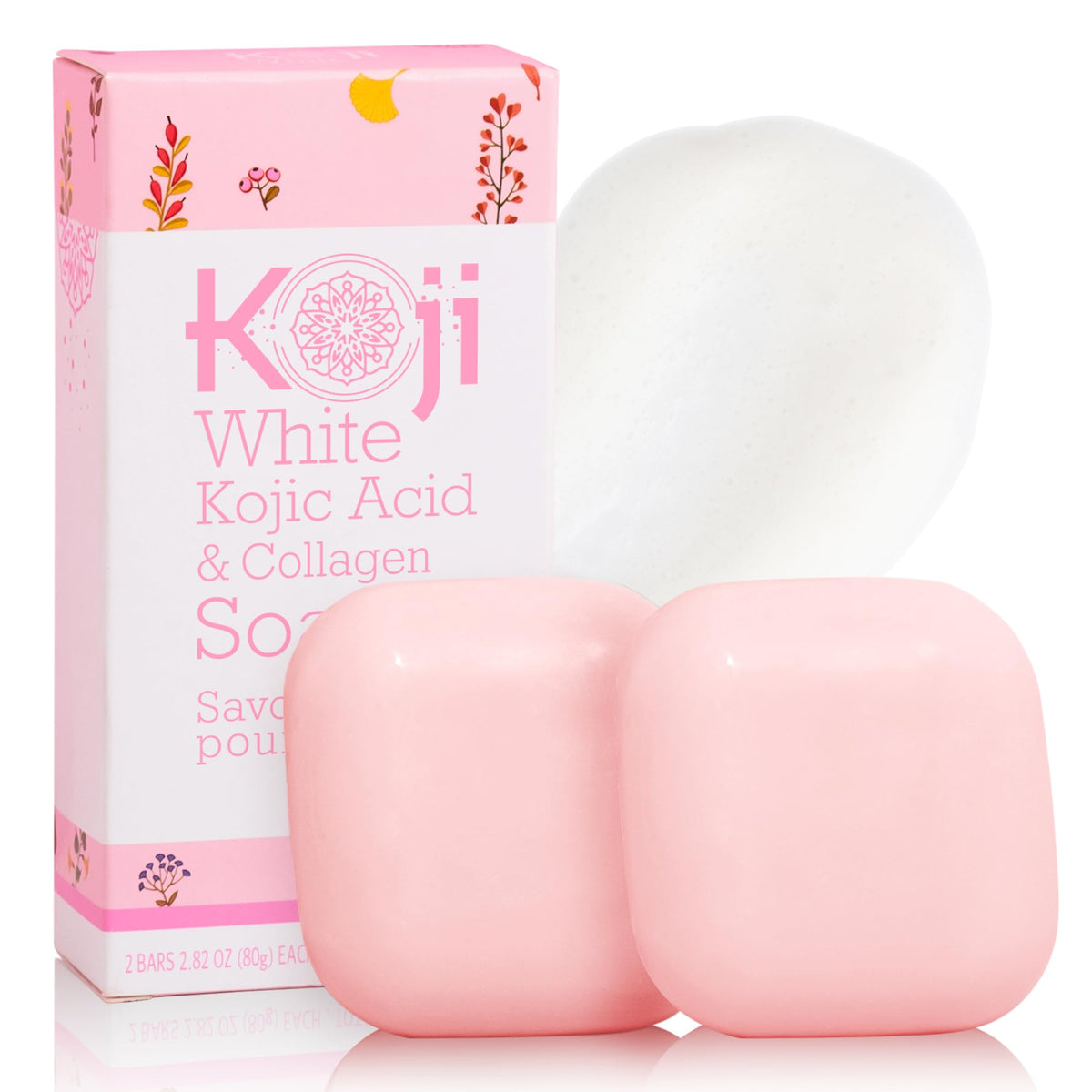 Koji White jabón Kojico con Colágeno, frente del producto, ideal para un brillo suave en cara y cuerpo.