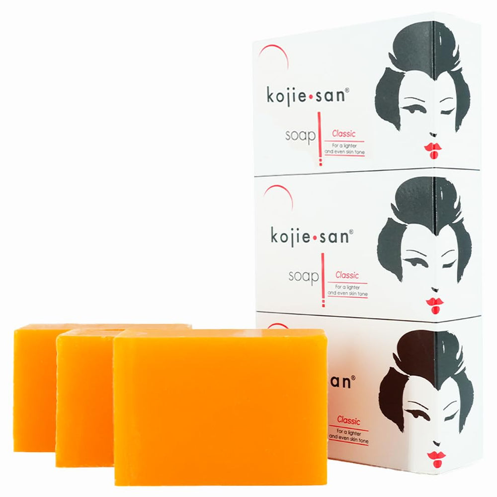 Kojie San skin brightening soap packshot showing three bars for radiant skin routine