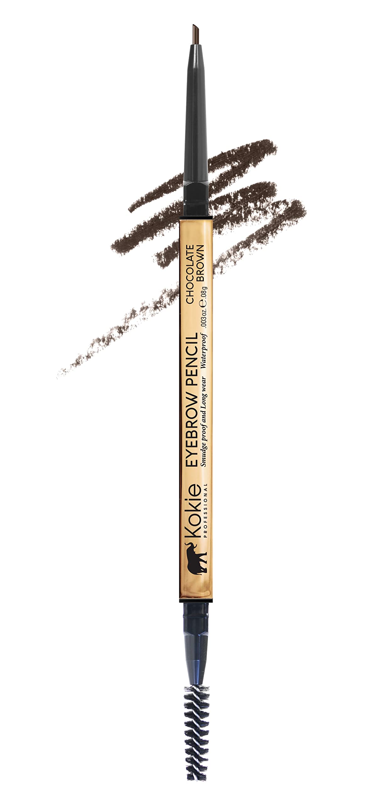 Kokie eyebrow pencil in chocolate brown for precise, smudge-proof brow definition.
