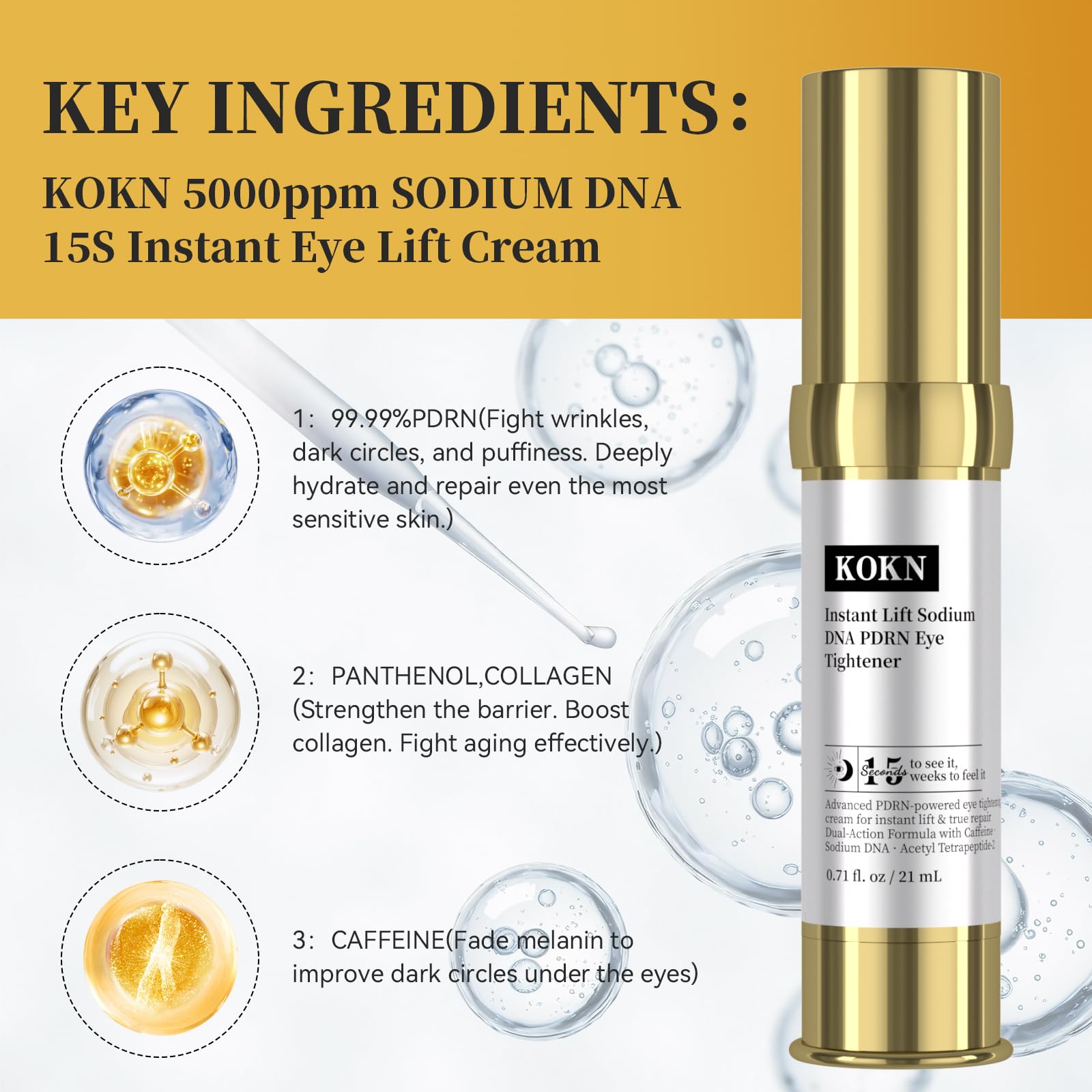 KOKN 15S Eye Cream ingredient highlight showing PDRN-rich formula.
