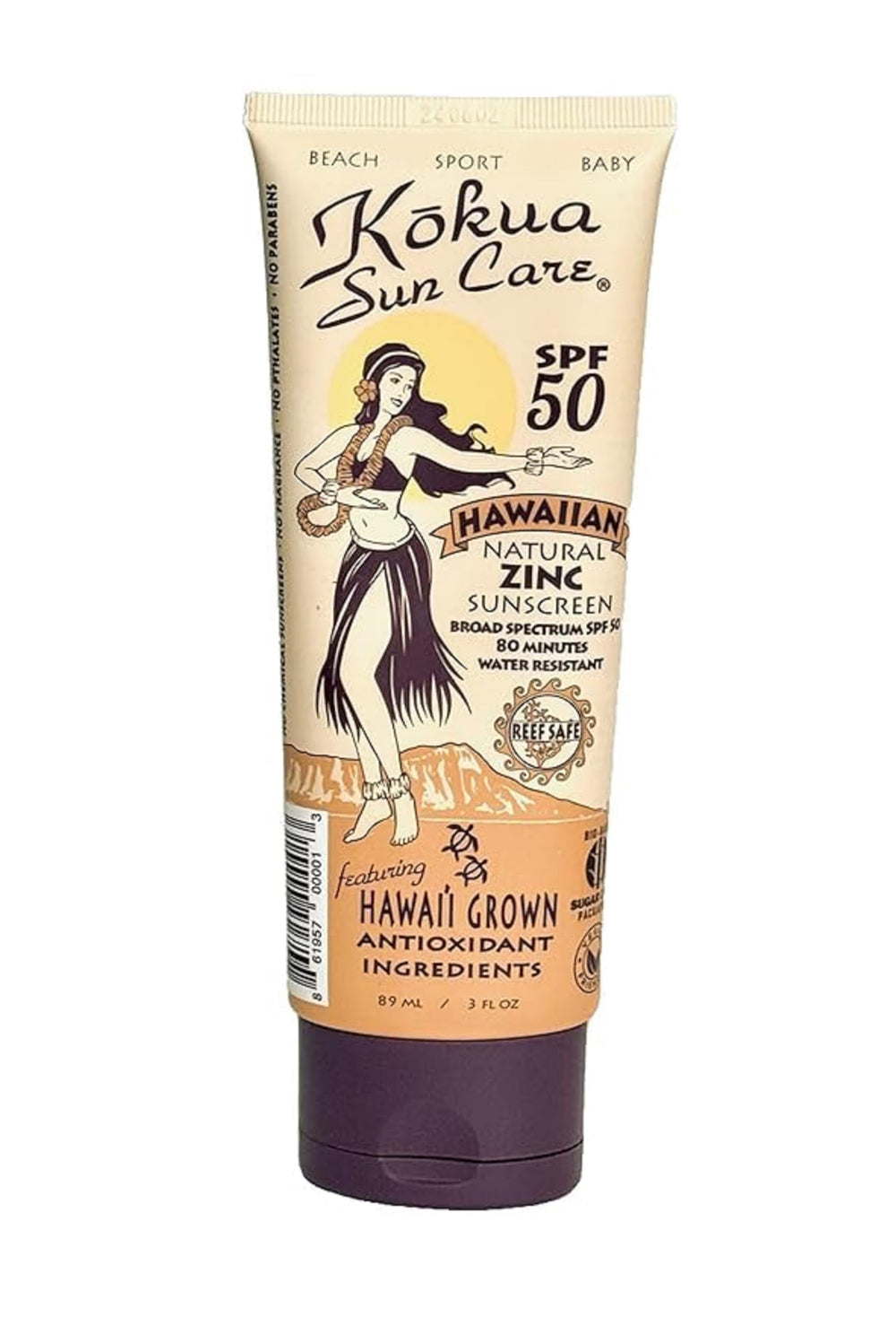 Kokua Sun Care: bote frente muestra protección mineral SPF 50 para toda la piel