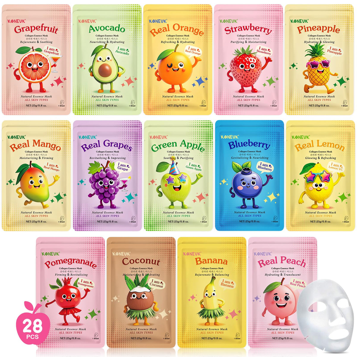 KONEUK 28-pack mascarillas frutas en hojas para hidratación diaria.