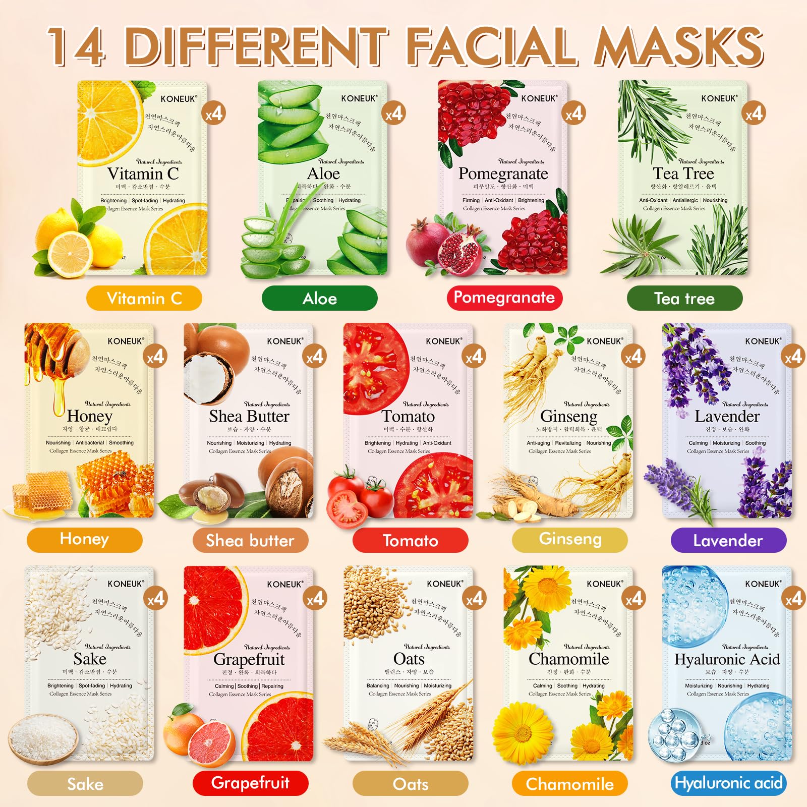 KONEUK 56 Pack Mascarillas Faciales, textura rica para absorción rápida de nutrientes