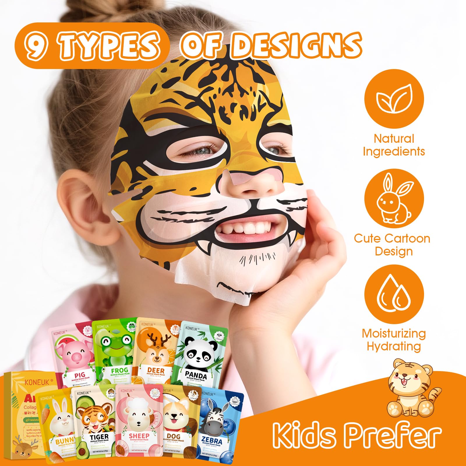 KONEUK mascarilla tigre, sensación fresca y revitalizante para la piel en edad escolar.