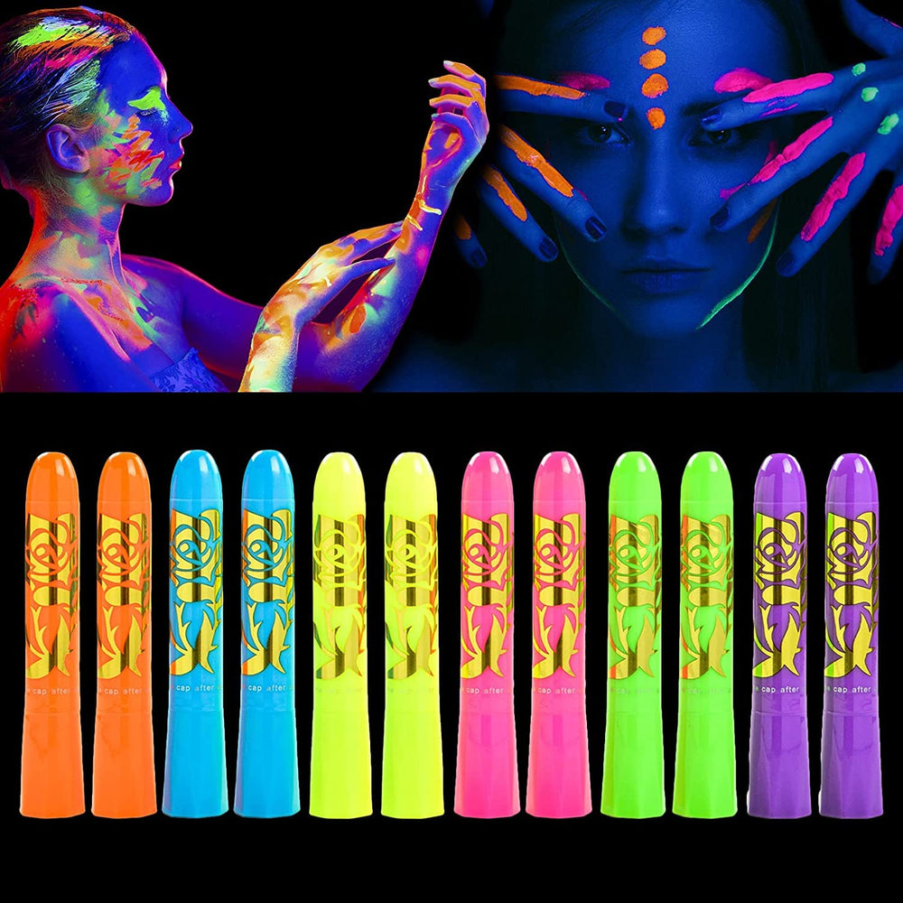KongJuntzd UV glow sticks display vibrant body art in black light settings.