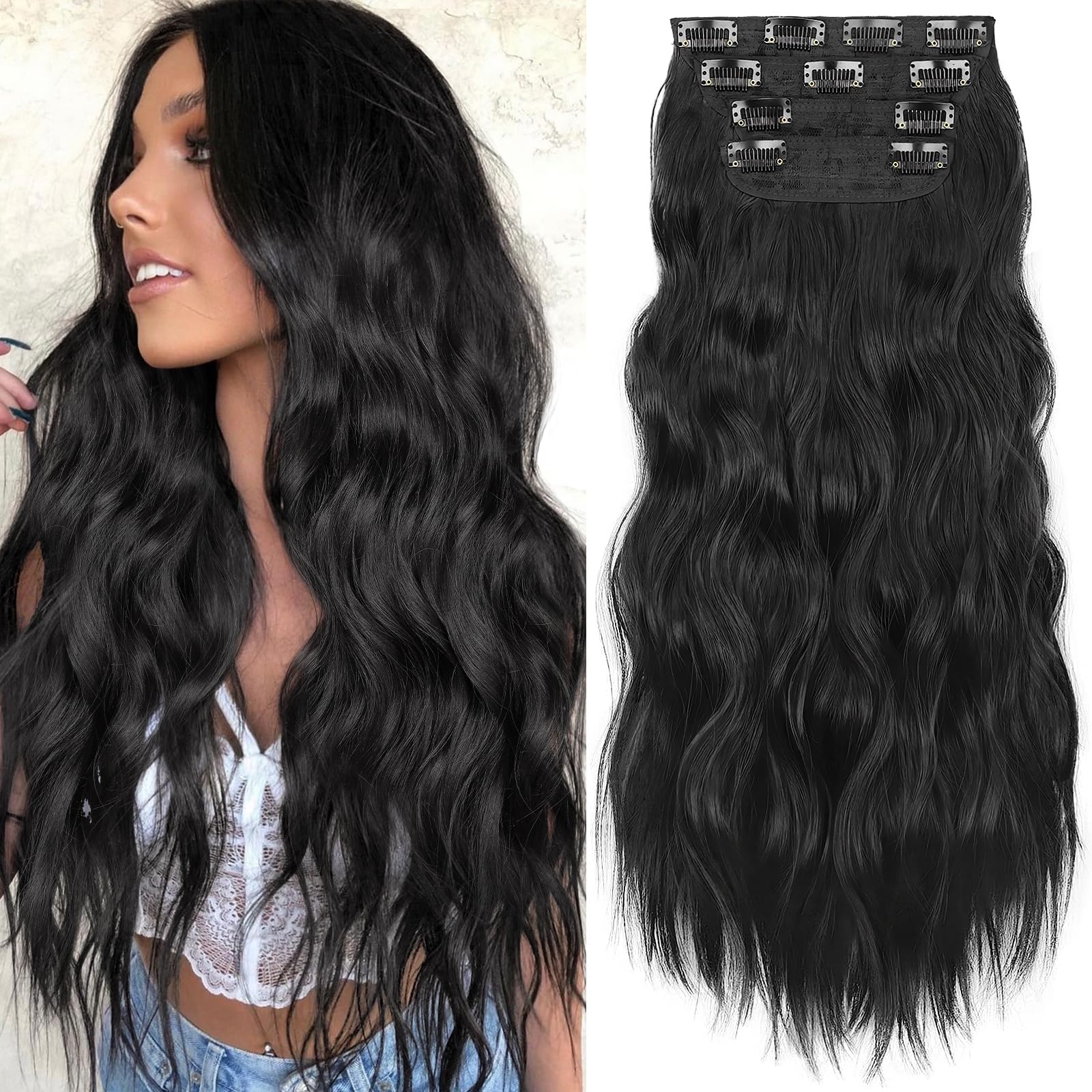 KooKaStyle clip-in extensions 24-inch long-wavy for dramatic volume.