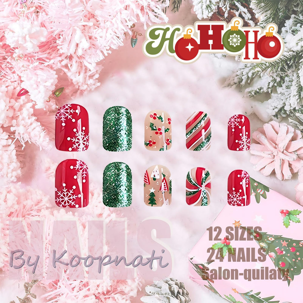 Uñas koopnati navidad con nieve y lazo, estilo festivo para eventos.