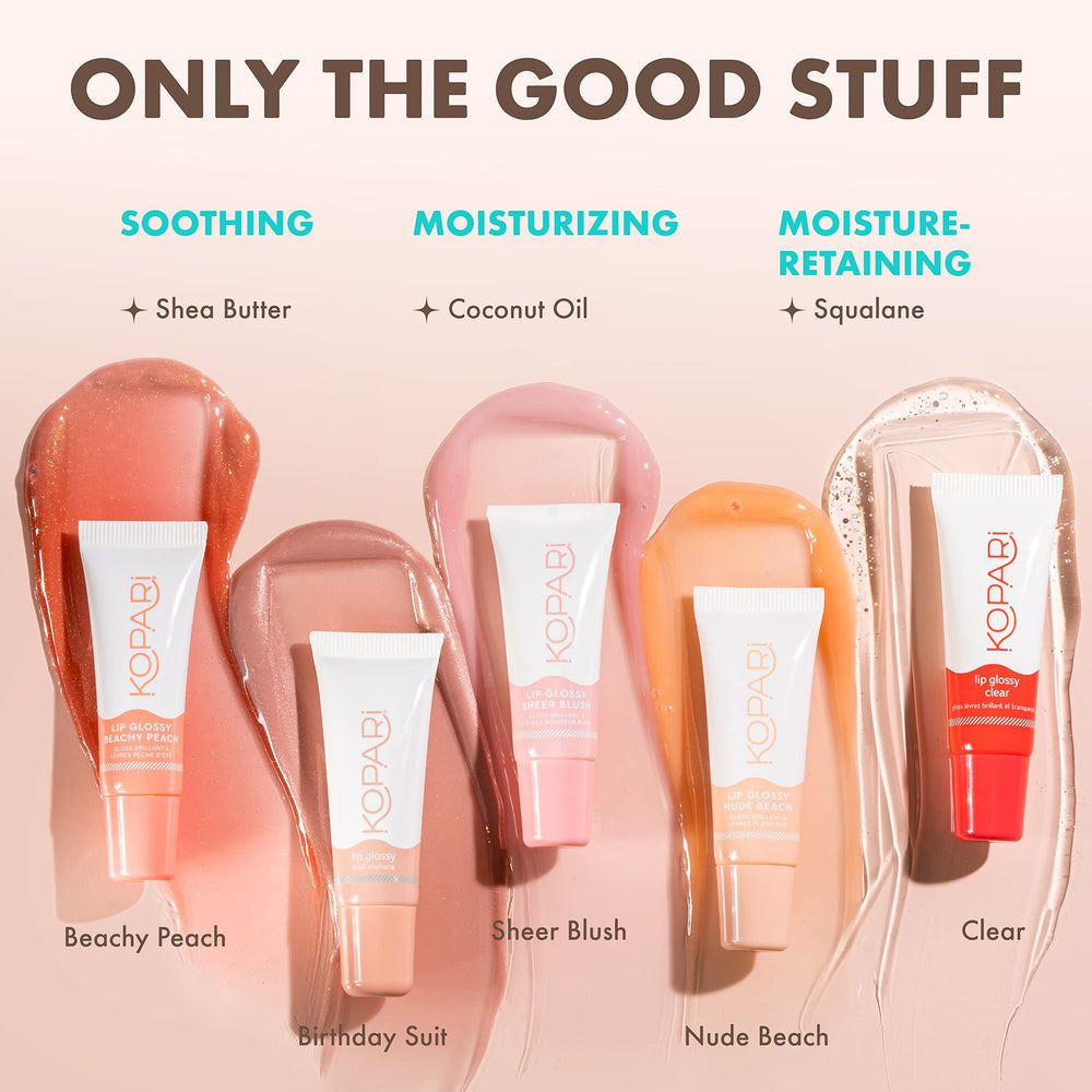 Kopari brillo labial coco escualano: textura suave y cuidado adicional.