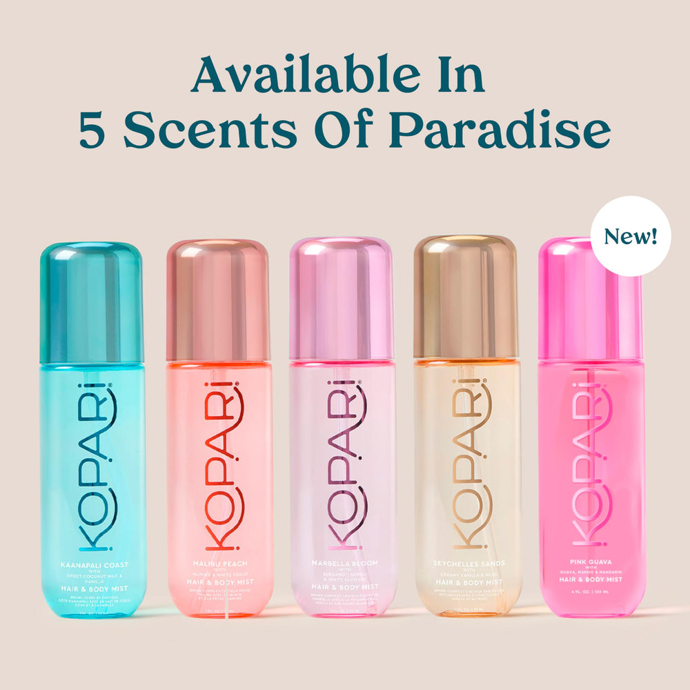 Kopari Pink Guava bruma, caja empaque: producto libre de crueldad y sostenible.